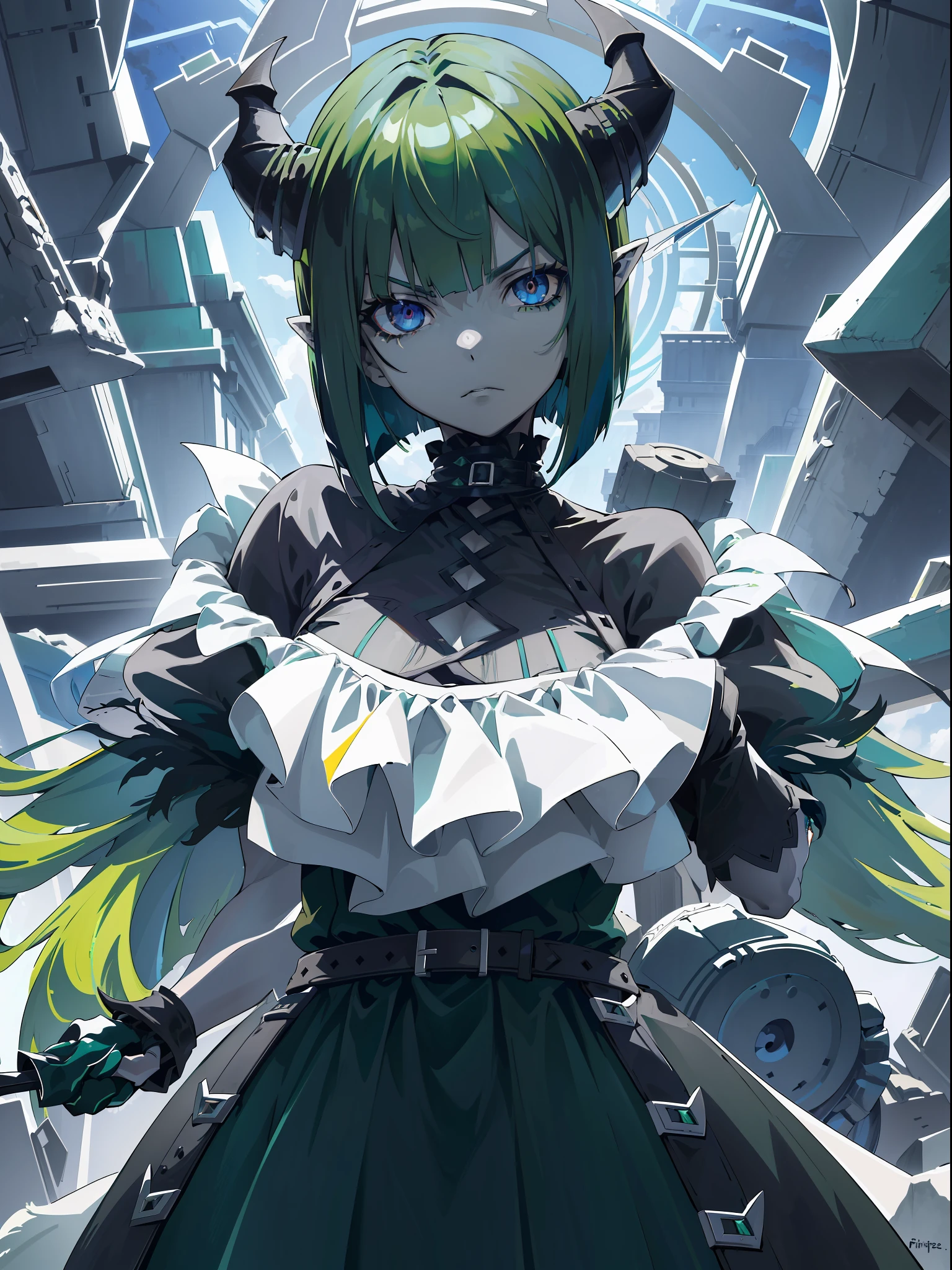 ((highest quality, masterpiece, 4k, finely detailed, detailed eyes, detailed face, gelbooru, pixiv)), warm lighting, ((highest quality, masterpiece, 4k, finely detailed, detailed eyes, detailed face, gelbooru, pixiv)), warm lighting, ((solo)), 1 woman, adult woman, mature woman, wide hips, seductive, ((two demon horns)), ((very sharp eye shape, dark mascara, steel blue eye color)), (((green haircolor, shaggy hair, bob haircut)), looking at viewer, mean expression, ((modern dress, dark black color)), dominant pose, ((pointy ears)), ((modern setting)), standing on top of hill, castle in the background