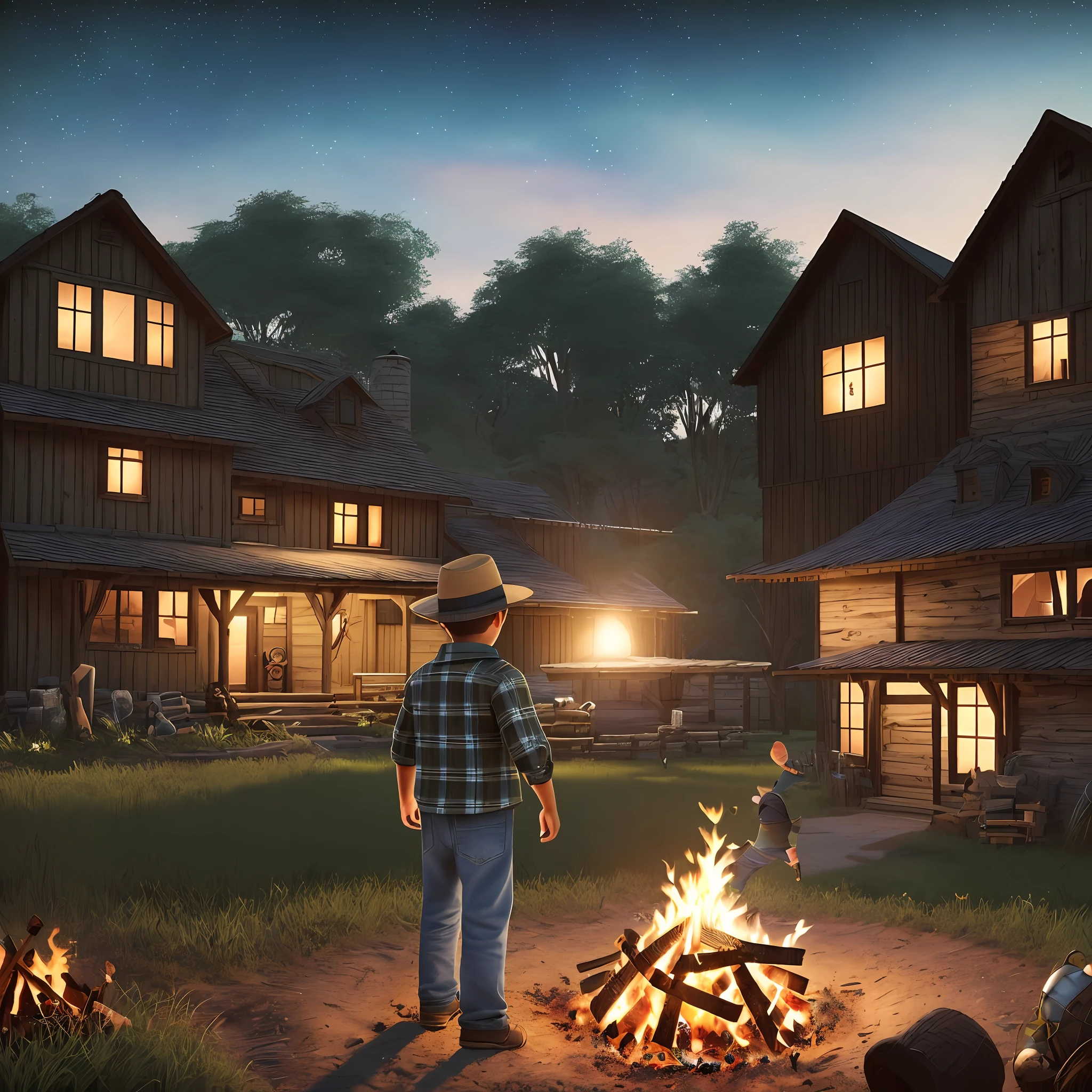 guttonerdinho01, In the scene, a 3-year-old boy is depicted wearing glasses and dressed in a cozy knit plaid shirt and worn jeans. He sports a straw hat on his head, adding to his adorable, rustic appearance. The setting is a farm, where the boy is positioned in front of a crackling (((campfire)).

The scene takes place in a (((dark night))), with a sky full of twinkling stars. The darkness creates a warm and mysterious atmosphere, contrasting with the bright glow of the fire. The stars shine brightly, illuminating the surrounding landscape. The scene takes place in an open field, with hints of farm structures in the background.

The drawing style is chibi, characterized by exaggerated and cute proportions. The influence of the artist, Alex Ross, is evident in the attention to detail and unique interpretation of the characters. Unreal Engine is a powerful graphics engine that can be used to create immersive, high-quality visual experiences.