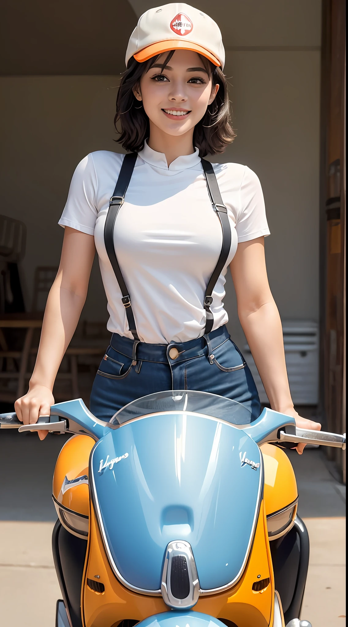 Best quality, realistic, award-winning illustration, (complicated detail: 1.2), (fine detail), (complicated detail), (cinematic lights, best quality), sharp lines, sharp focus, official art, 16k, on a white background, A woman with a smiling face, Brazilian, wearing a cap, orange and black cap, wearing jeans posing for a photo, ((motorcycle vespa model 1970)), white background, a playful young boss, Wearing black and orange apron uniform, woman of amazing body, with medium black color hair, holding roll of dough, next to black wasp motorcycle, pronounced feminine feature, flirting with the camera.