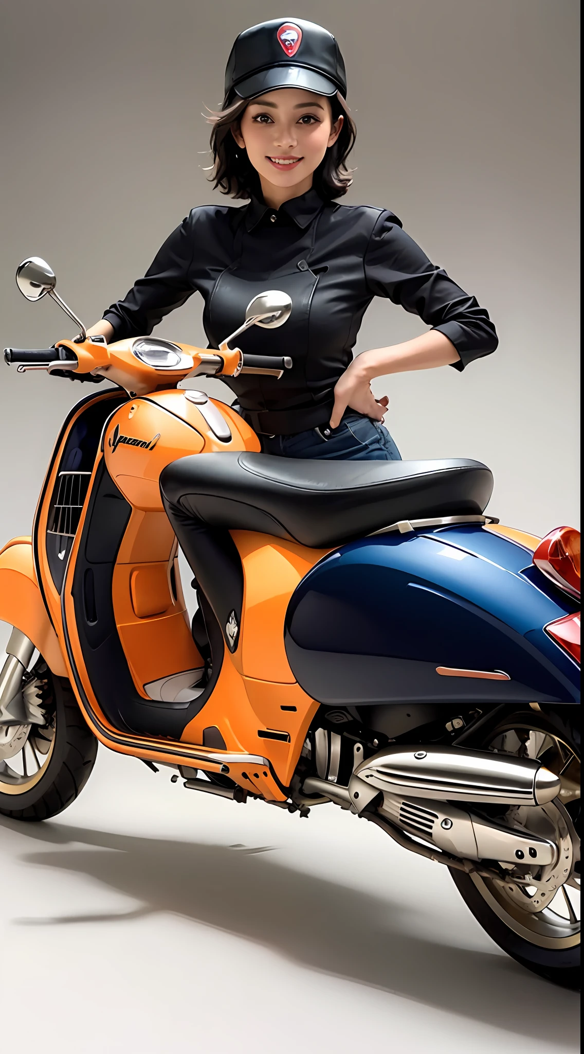 Best quality, realistic, award-winning illustration, (complicated detail: 1.2), (fine detail), (complicated detail), (cinematic lights, best quality), sharp lines, sharp focus, official art, 16k, on a white background, A woman with a smiling face, Brazilian, wearing a cap, orange and black cap, wearing jeans posing for a photo, ((motorcycle vespa model 1970)), white background, a playful young boss, Wearing black and orange apron uniform, woman of amazing body, with medium black color hair, holding roll of dough, next to black wasp motorcycle, pronounced feminine feature, flirting with the camera.