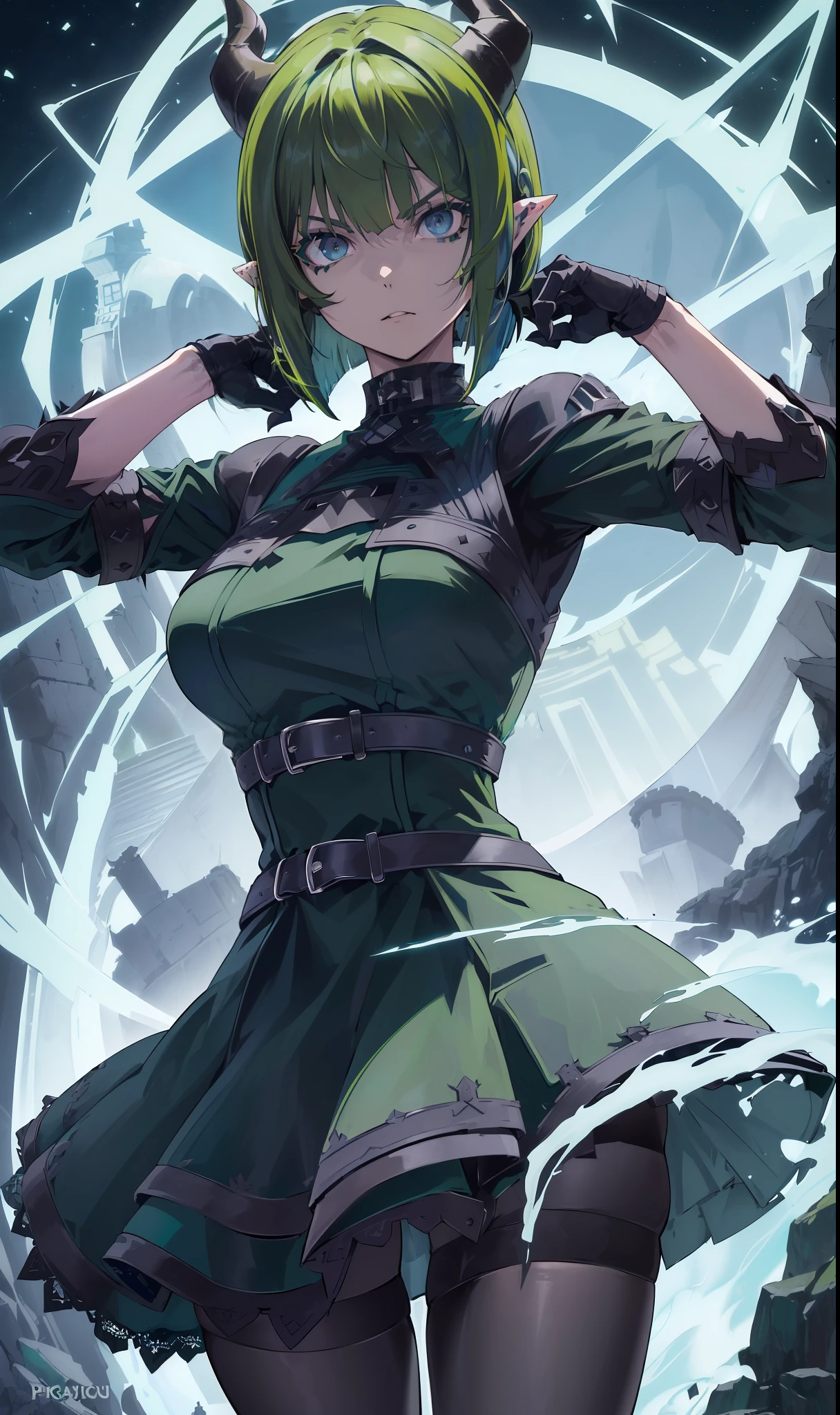 ((highest quality, masterpiece, 4k, finely detailed, detailed eyes, detailed face, gelbooru, pixiv)), warm lighting, ((highest quality, masterpiece, 4k, finely detailed, detailed eyes, detailed face, gelbooru, pixiv)), warm lighting, ((solo)), 1 woman, adult woman, mature woman, wide hips, seductive, ((two demon horns)), ((very sharp eye shape, dark mascara, steel blue eye color)), (((green haircolor, shaggy hair, bob haircut)), looking at viewer, mean expression, ((modern dress, dark black color)), dominant pose, ((pointy ears)), ((modern setting)), standing on top of hill, castle in the background