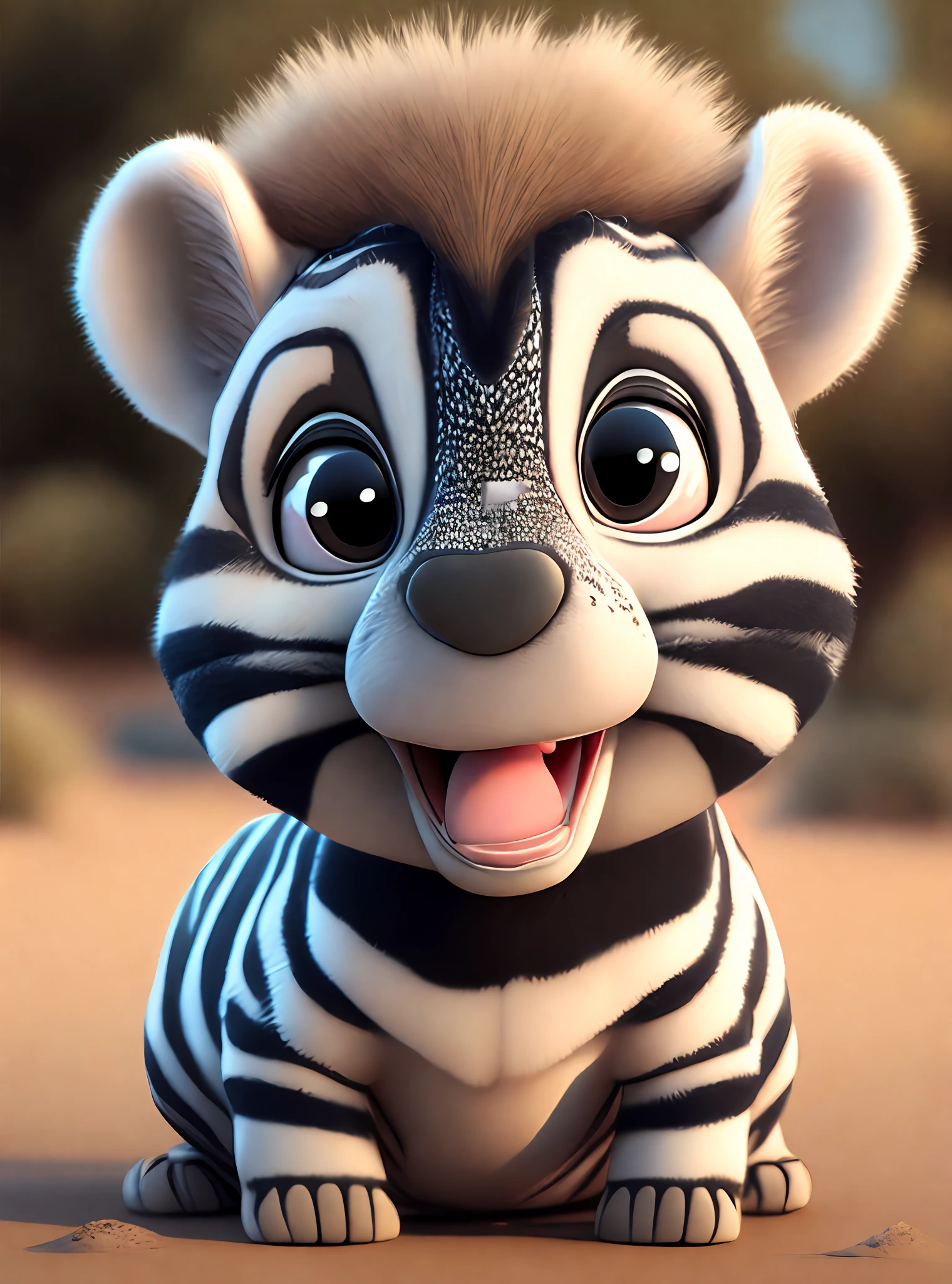 one happy cute baby zebra, portrait, outdoors, background space, toon, pixar style, 3d, cartoon, detailed face, asymmetric, upper body