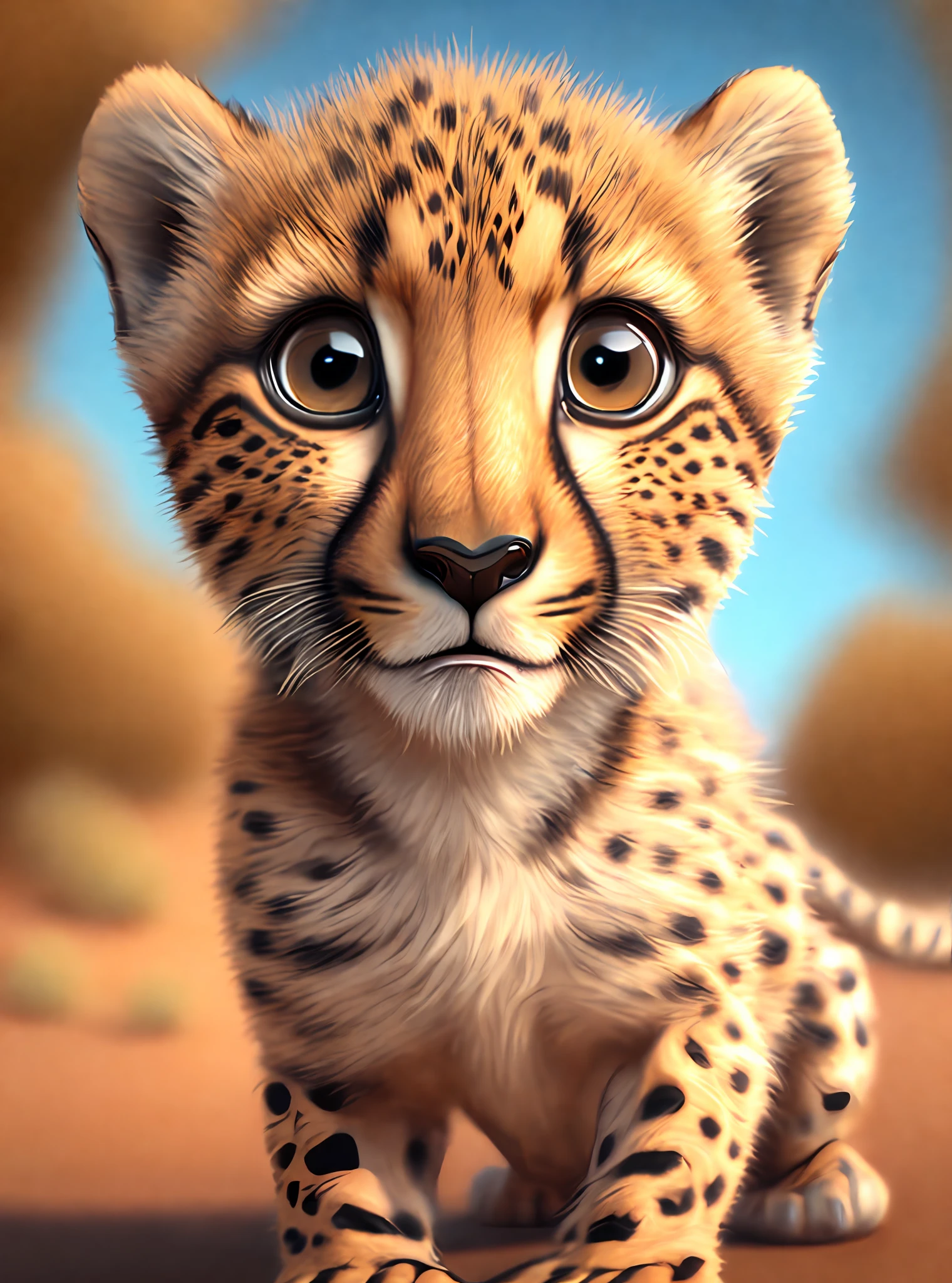 one happy cute baby Cheetah, portrait, outdoors, background space, toon, pixar style, 3d, cartoon, detailed face, asymmetric, upper body