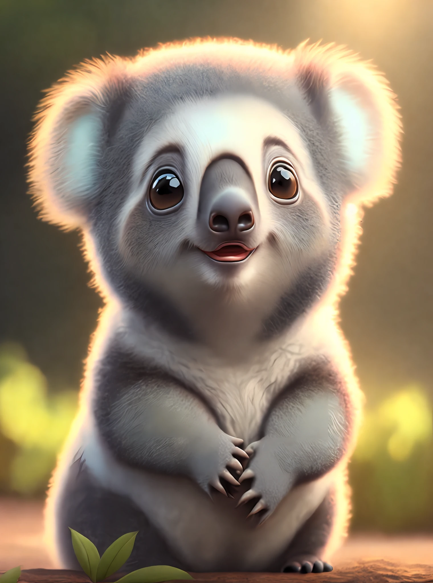 one happy cute baby  Koala, portrait, outdoors, background space, toon, pixar style, 3d, cartoon, detailed face, asymmetric, upper body
