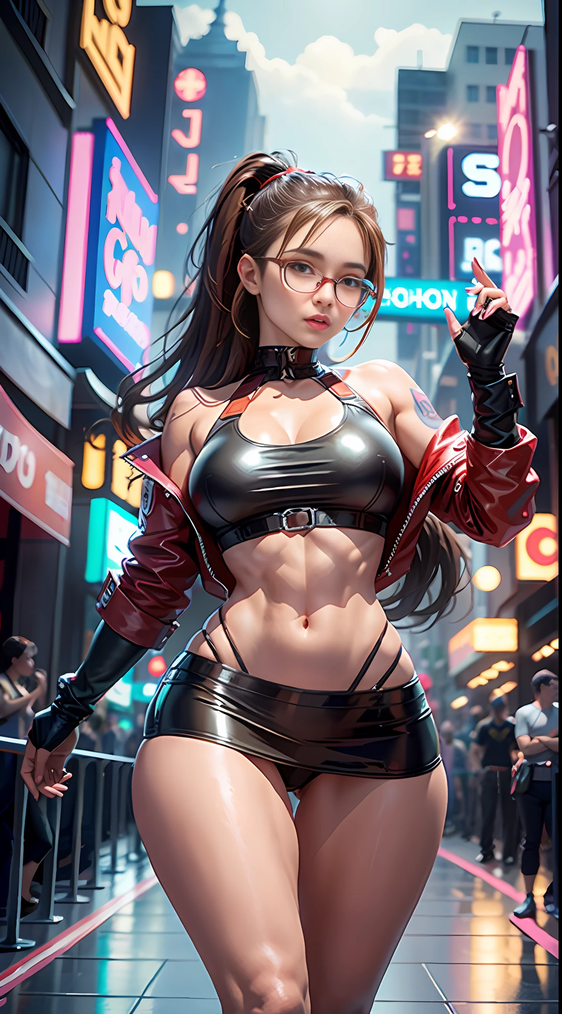 leona_the King of Fighters, full body portrait, brown hair, goosebump ponytail, red square glasses, (short bikini 0.5), mini transparent skirt, best quality, (beauty), masterpiece, 1 girl, render based on physics, ultra highres, narrow waist, cherry tattoo below navel, thin, big eyes, long legs, thick legs, swollen eyes, shiny skin, back to viewer,  Firm expression, back to camera, looking spectator, in neon tokio