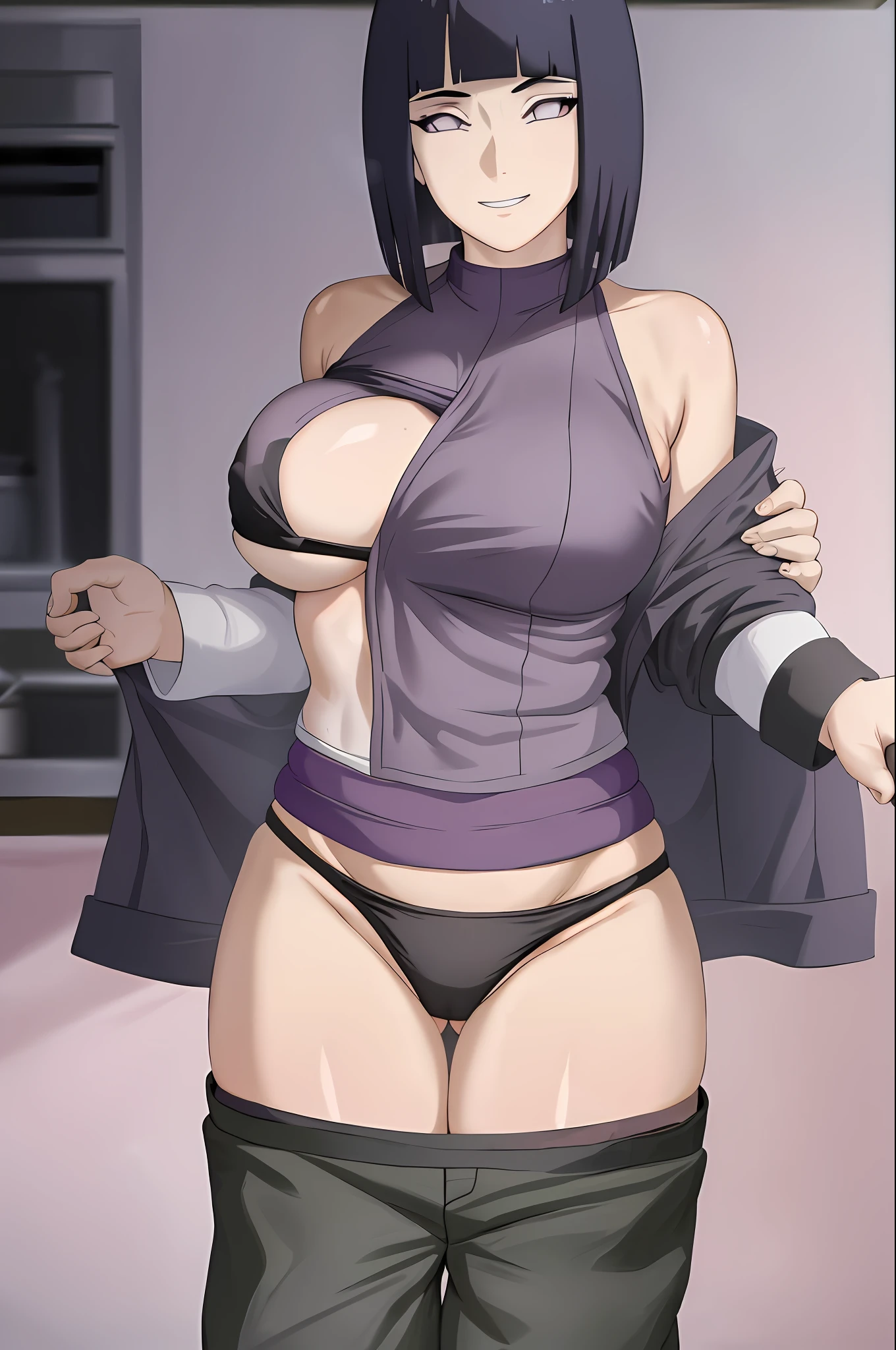 masterpiece, absurdres,hinata\(boruto\), 1girl, mature female, solo, purple hoodie, cleavage, black pants, pants removed, sweat, (large breasts), (evil smile), wide hips, (half closed eyes), ((grabbing own breast)), (sweat), (black thighhighs), (teeth), gold bikini,