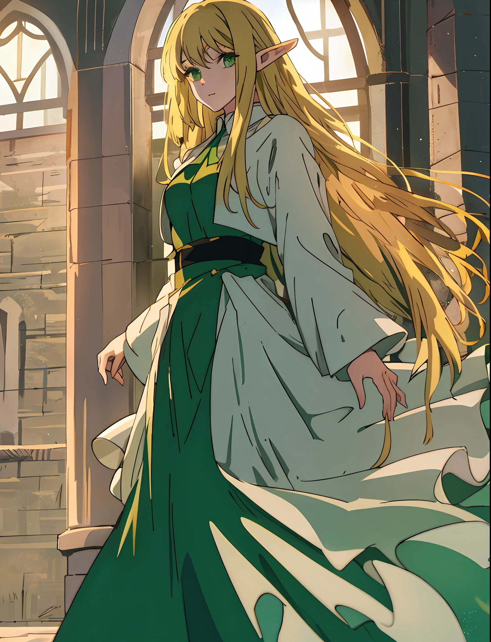 Elf, maiden, long blonde hair, emerald green eyes, long dress