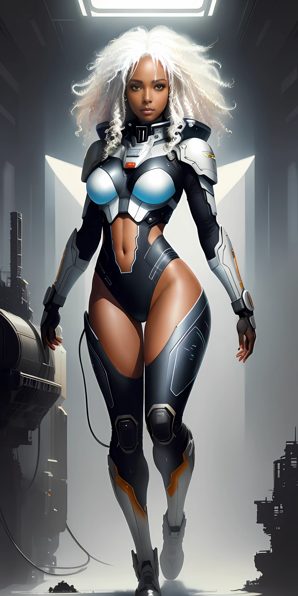 beautiful black-skinned space pilot with shoulder-length curly white hair, wearing alternate plate suit, shy and seductive, full body, natural pose, wearing belt with multiple pockets, walking on a space station, art by luis royo, colors perfect, digital painting, digital illustration, sci-fi art, perfect anatomy, symmetrical face, symmetrical eyes, pretty face, well-defined hips, thick leg, centered, almost perfect, dynamic, highly detailed, watercolor painting, art station, art conceptual, soft, sharp focus, illustration, artwork by Carne Griffiths and Wadim Kashin, unique, award-winning, masterpiece, dramatic light