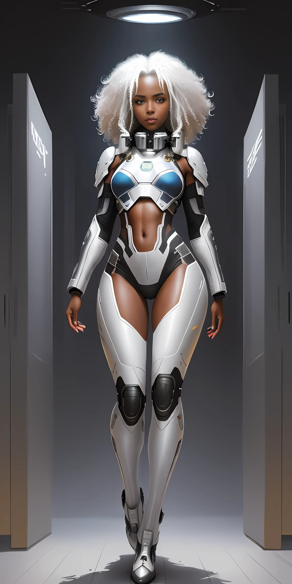 beautiful black-skinned space pilot with shoulder-length curly white hair, wearing alternate plate suit, shy and , full body, natural pose, wearing belt with multiple pockets, walking on a space station, art by luis royo, colors perfect, digital painting, digital illustration, sci-fi art, perfect , symmetrical face, symmetrical eyes, pretty face, well-defined , thick leg, centered, almost perfect, dynamic, highly detailed, watercolor painting, art station, art conceptual, soft, sharp focus, illustration, artwork by Carne Griffiths and Wadim Kashin, unique, award-winning, masterpiece, dramatic light