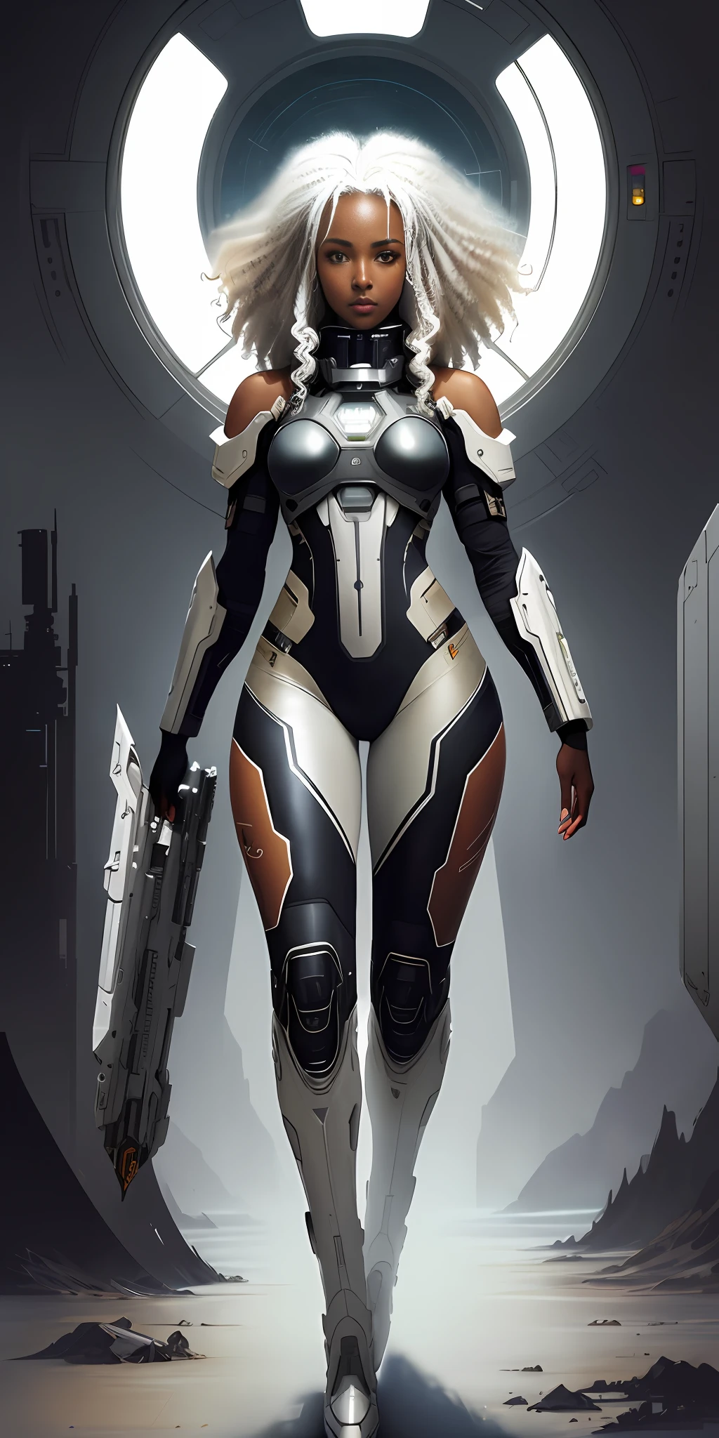 beautiful black-skinned space pilot with shoulder-length curly white hair, wearing alternate plate suit, shy and seductive, full body, natural pose, wearing belt with multiple pockets, walking on a space station, art by luis royo, colors perfect, digital painting, digital illustration, sci-fi art, perfect anatomy, symmetrical face, symmetrical eyes, pretty face, well-defined hips, thick leg, centered, almost perfect, dynamic, highly detailed, watercolor painting, art station, art conceptual, soft, sharp focus, illustration, artwork by Carne Griffiths and Wadim Kashin, unique, award-winning, masterpiece, dramatic light