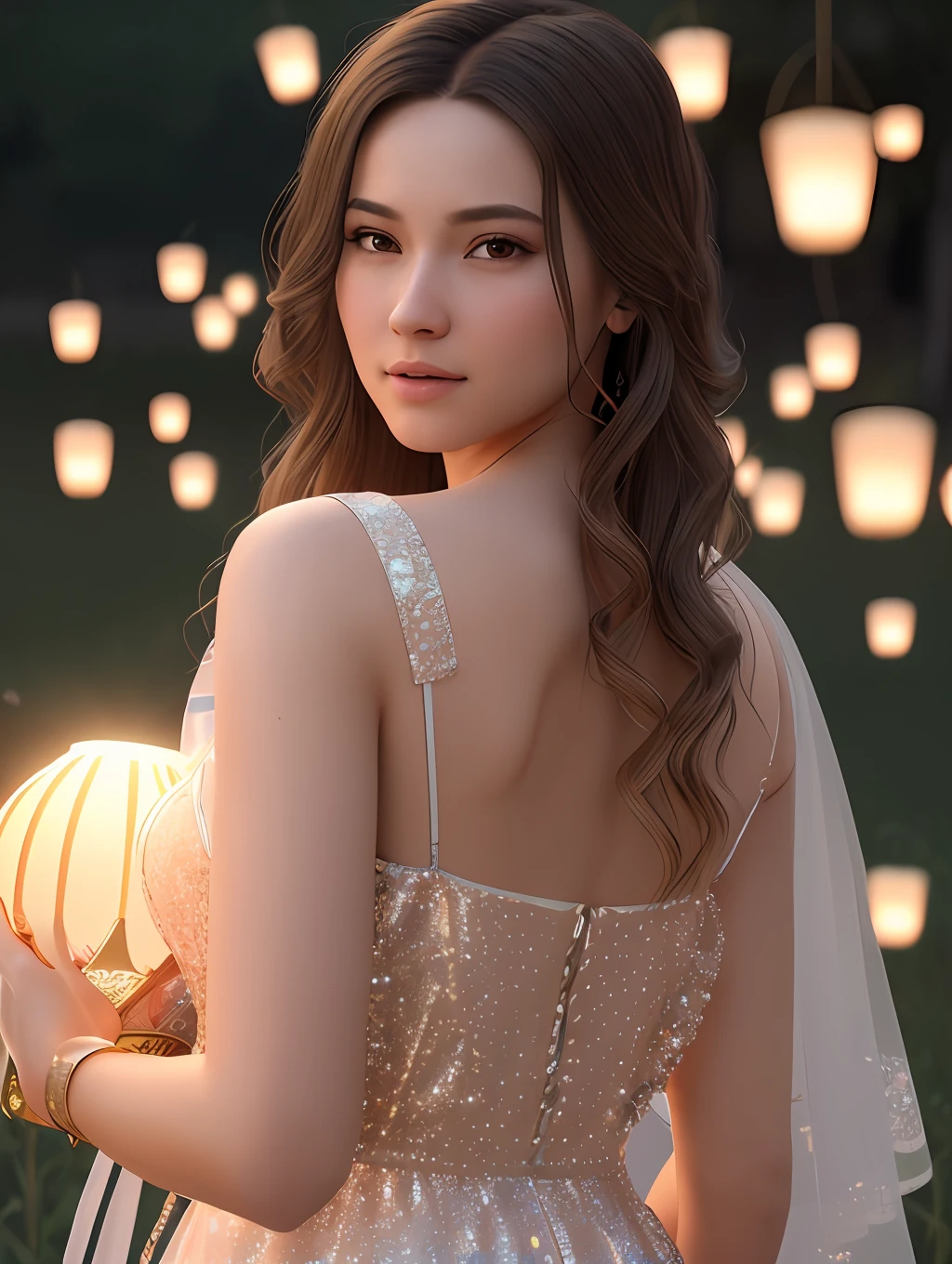 (Masterpiece) Create a ultrarealistic photograp of a beautiful and cheerful young girl character holding a glowing flying paper lantern, unreal engine, 85 mm, intimate, lantern festival, flying lanterns, standing on a field of fireflies, mirrors, fireflies over the water, photograph, wonder, amazement, night, cinematic lighting --no back view, empty wonder, amazement, cinematic, 8k, evening, --no back view, empty, stock photo, movie still, cinematic lighting. photograph, detailed symmetric realistic face, extremely detailed natural texture, peach fuzz, long hair, masterpiece, absurdres, nikon d850 film stock photograph, kodak portra 400 camera f1.6 lens, extremely detailed, amazing, fine detail, hyper realistic lifelike texture, dramatic lighting, unrealengine, trending on artstation, cinestill 800 tungsten, looking at the viewer, photo realistic, RAW photo, TanvirTamim, high quality, highres, sharp focus, extremely detailed, cinematic lighting, 8k uhd,-imagine-