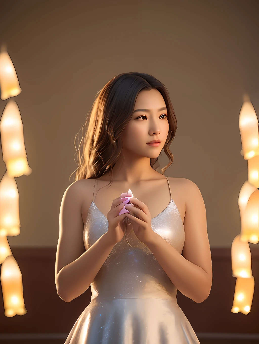 (Masterpiece) Create a ultrarealistic photograp of a beautiful and cheerful young girl character holding a glowing flying paper lantern, unreal engine, 85 mm, intimate, lantern festival, flying lanterns, standing on a field of fireflies, mirrors, fireflies over the water, photograph, wonder, amazement, night, cinematic lighting --no back view, empty wonder, amazement, cinematic, 8k, evening, --no back view, empty, stock photo, movie still, cinematic lighting. photograph, detailed symmetric realistic face, extremely detailed natural texture, peach fuzz, long hair, masterpiece, absurdres, nikon d850 film stock photograph, kodak portra 400 camera f1.6 lens, extremely detailed, amazing, fine detail, hyper realistic lifelike texture, dramatic lighting, unrealengine, trending on artstation, cinestill 800 tungsten, looking at the viewer, photo realistic, RAW photo, TanvirTamim, high quality, highres, sharp focus, extremely detailed, cinematic lighting, 8k uhd,-imagine-