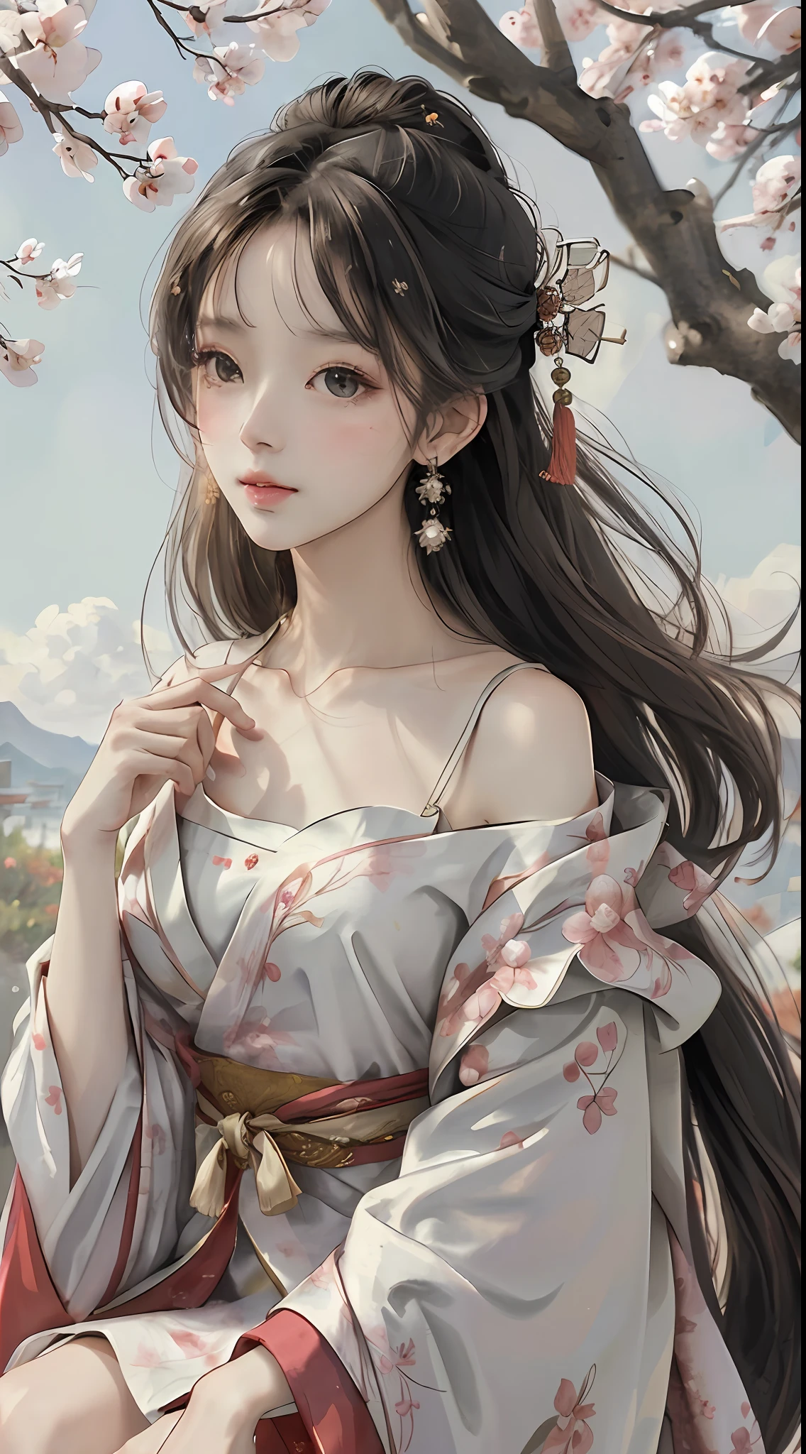 (masterpiece, realistic:1.3), (extremely intricate:1.2)>, portrait of a girl, (face:1.2), Floating hair, wind, clouds, sunshine, movie light, bangs, face close-up, sky background, oil painting texture, clear hair, light hair, flowers, girls, smiles, bright eyes, single line shoulder, collarbone, shirt, autumn, bare shoulder, bare tree, black hair, branch, cherry blossom, cleavage,coat, (robe:1.21), collarbone, earrings, gray background, hair accessories, Hanfu, Holding a pipe, jewelry, lips, long hair, medium breasts, sitting, solo, tassel, tree, wide sleeves, see through clothes, translucent clothes, silk, Shuke walking horse, negative space, ink painting, standing woman portrait, Willow Branch, (Masterpiece best quality :1.2), traditional Chinese ink painting, model shooting style, peace, looking at the audience, wearing long Hanfu, Song, Willow as background, Ochangshuo, shirt, nsfw whole body, head to toe, natural body, girly feeling, flying hair
