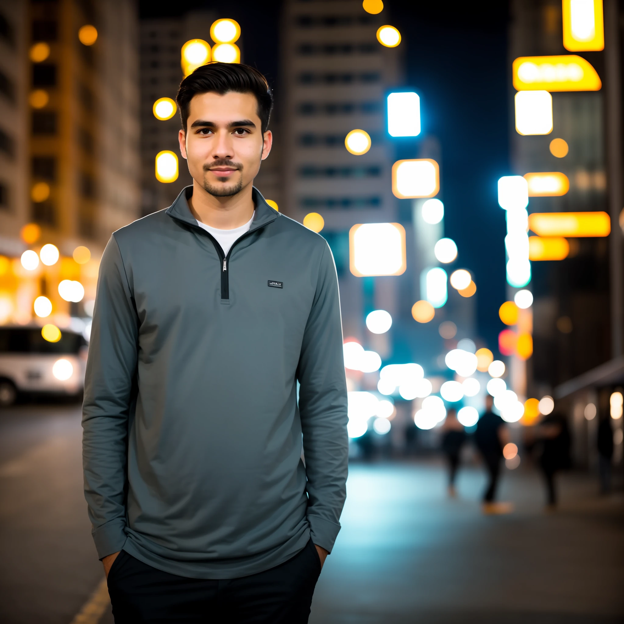 RAW photo, a portrait of a 27-year-old man in casual clothes, night, city street, (highly detailed skin: 1.2), 8k uhd, dslr, soft lighting, high quality, film grain, Fujifilm XT3