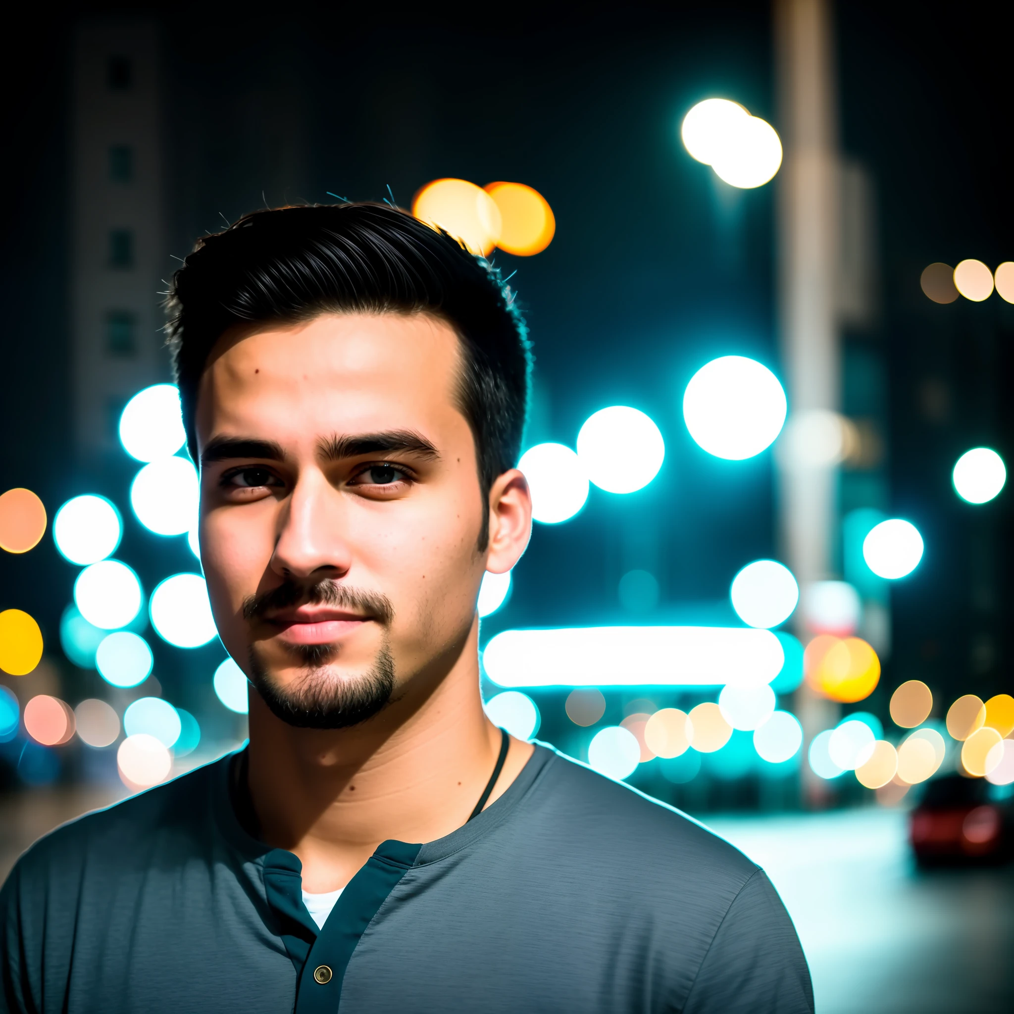 RAW photo, a portrait of a 27-year-old man in casual clothes, night, city street, (highly detailed skin: 1.2), 8k uhd, dslr, soft lighting, high quality, film grain, Fujifilm XT3