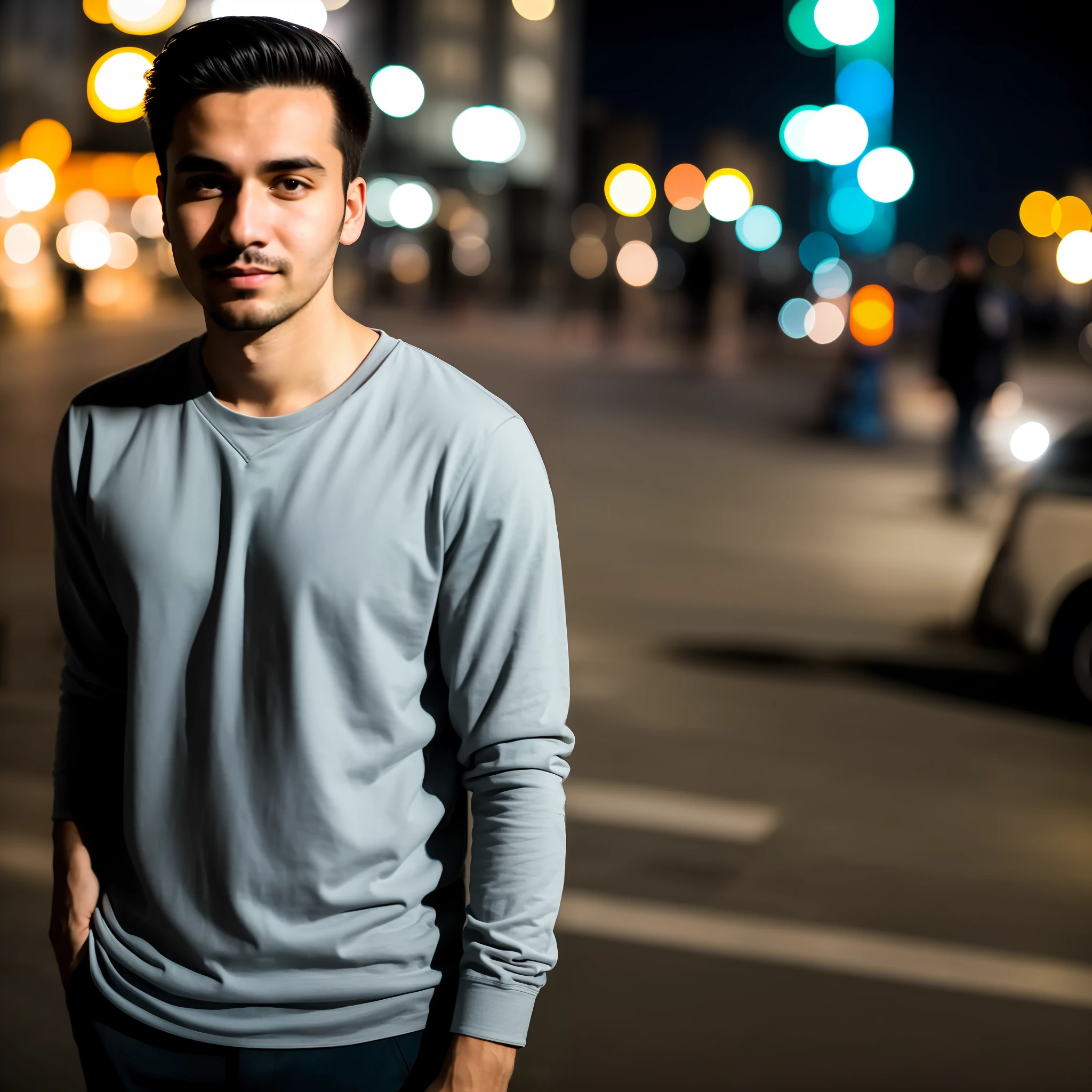 RAW photo, a portrait of a 27-year-old man in casual clothes, night, city street, (highly detailed skin: 1.2), 8k uhd, dslr, soft lighting, high quality, film grain, Fujifilm XT3