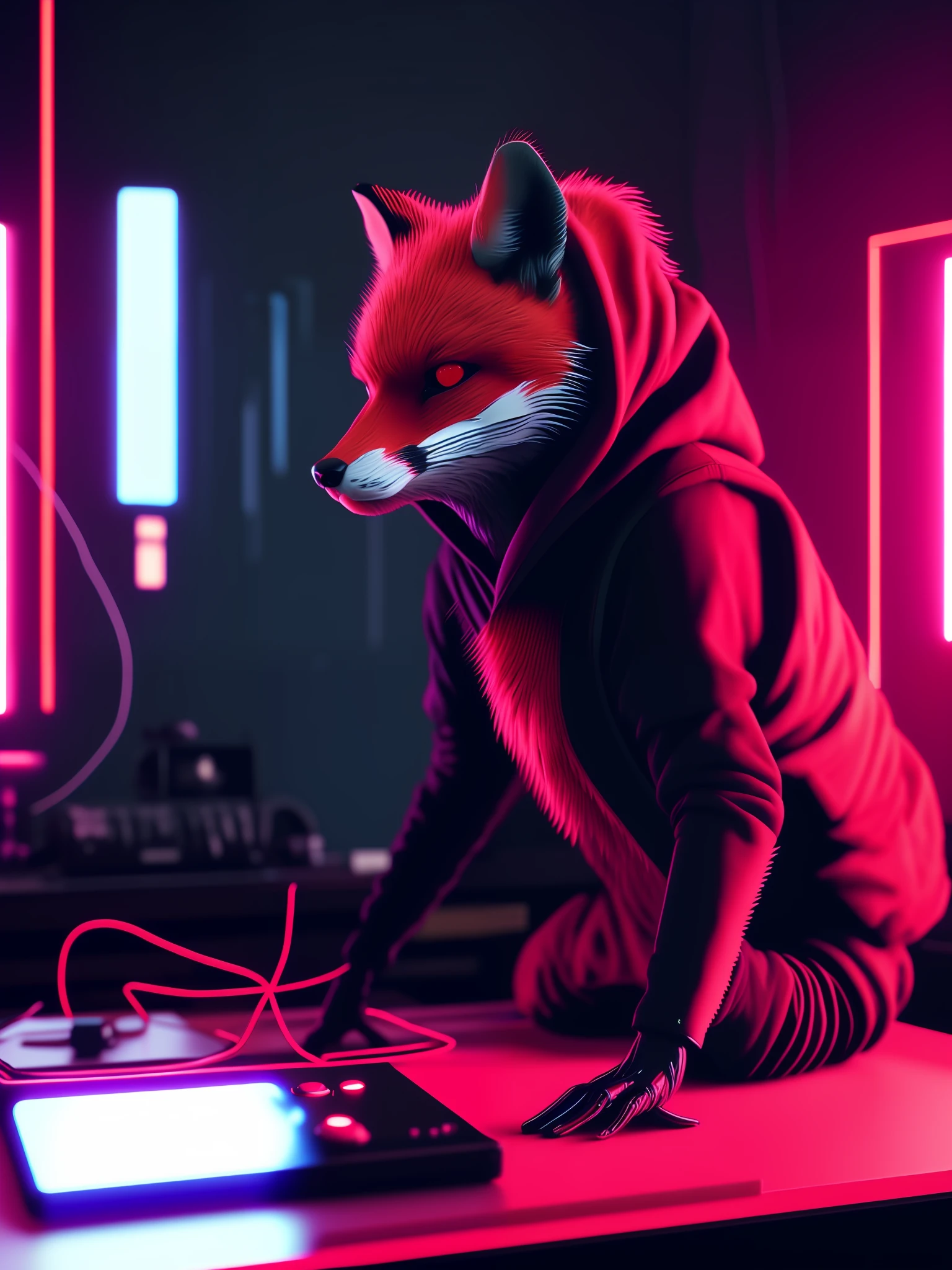 NeonNinja style, close-up of a fox with the body of a man with a red hood there is a large ball in the middle of a room, close-up of an electronic device on a table