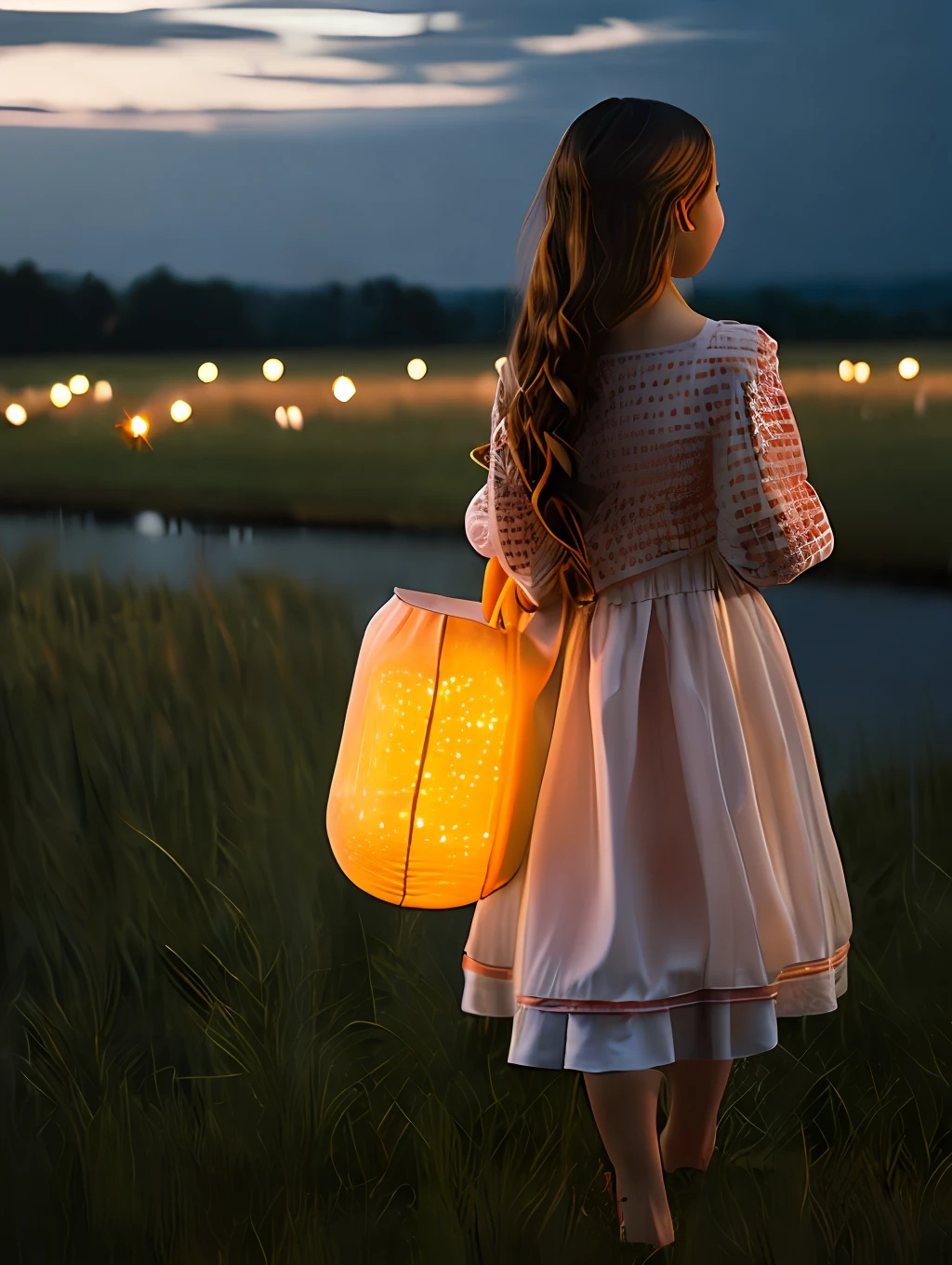 (Masterpiece) Create a ultrarealistic photograp of a beautiful and cheerful young girl character holding a glowing flying paper lantern, unreal engine, 85 mm, intimate, lantern festival, flying lanterns, standing on a field of fireflies, mirrors, fireflies over the water, photograph, wonder, amazement, night, cinematic lighting --no back view, empty wonder, amazement, cinematic, 8k, evening, --no back view, empty, stock photo, movie still, cinematic lighting. photograph, detailed symmetric realistic face, extremely detailed natural texture, peach fuzz, long hair, masterpiece, absurdres, nikon d850 film stock photograph, kodak portra 400 camera f1.6 lens, extremely detailed, amazing, fine detail, hyper realistic lifelike texture, dramatic lighting, unrealengine, trending on artstation, cinestill 800 tungsten, looking at the viewer, photo realistic, RAW photo, TanvirTamim, high quality, highres, sharp focus, extremely detailed, cinematic lighting, 8k uhd,-imagine-