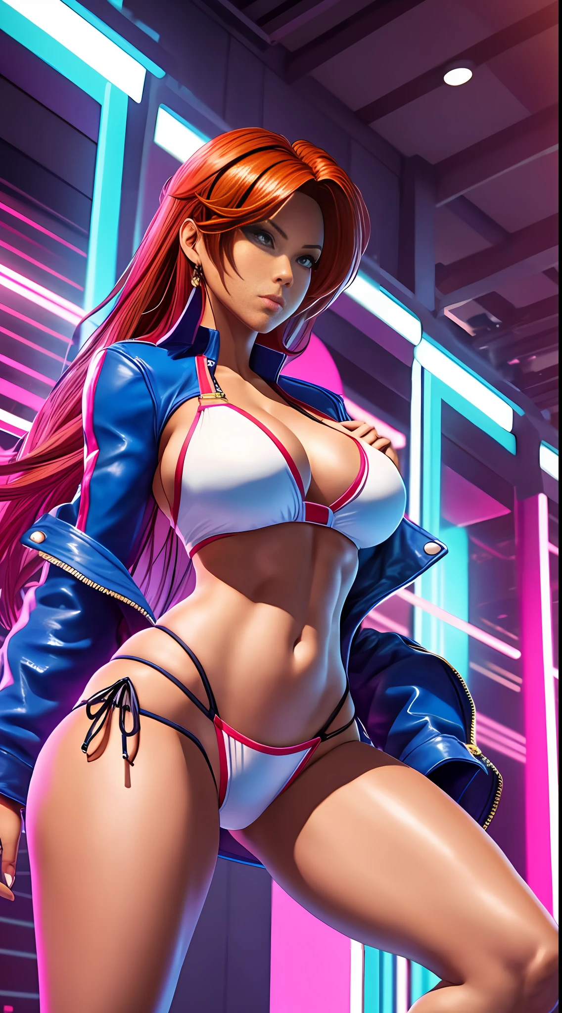 leona_the King of Fighters, full body portrait (short bikini 0.5), best quality, (beauty), masterpiece, 1 girl, physics-based render, ultra highres, narrow waist, cherry tattoo below navel, thin, big eyes, long legs, thick legs, swollen eyes, bright skin, back to viewer, firm expression, back to camera, looking spectator, in neon tokio