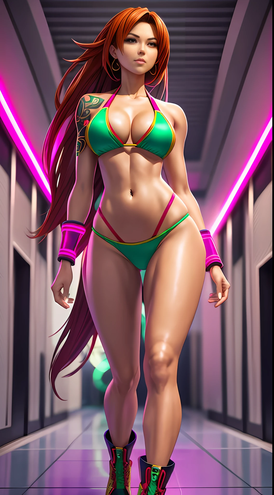 leona_the King of Fighters, full body portrait (short bikini 0.5), best quality, (beauty), masterpiece, 1 girl, physics-based render, ultra highres, narrow waist, cherry tattoo below navel, thin, big eyes, long legs, thick legs, swollen eyes, bright skin, back to viewer, firm expression, back to camera, looking spectator, in neon tokio