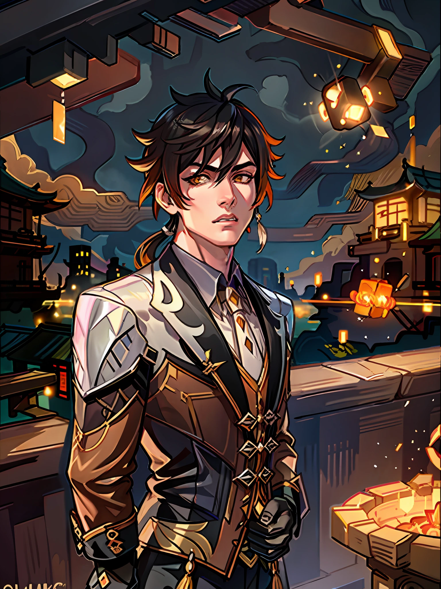 masterpiece, best quality, zhongli (genshin impact), male focus, jewelry, long hair, 1boy, solo, earrings, bangs, gloves, ponytail, black gloves, multicolored hair, brown hair, detailed hair, hair between eyes, golden brown eyes, detailed eyes, glowing eyes, simple background, single earring, thumb ring, jacket, tassel earrings, long sleeves, tassel, looking at viewer, cloud, formal, yellow eyes, floating object, gradient hair, suit, black hair, cloudy sky,(kbxll:0.6)