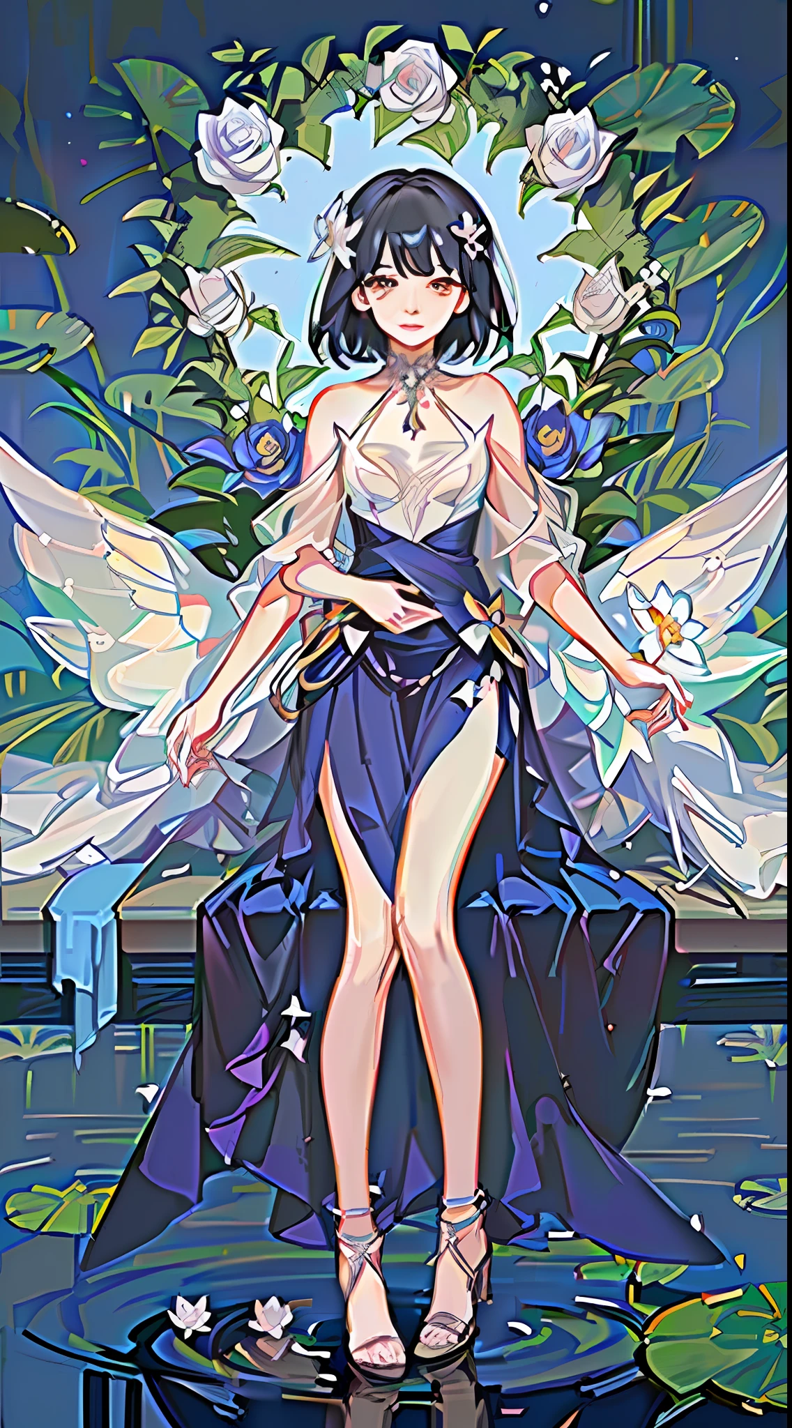 (masterpiece), best qualities, expressive eyes, perfect face, death, flower, bird, butterfly, split head, medium score, starry sky, starry sky, looking at the audience, moonlight, absurd, raw, stars, flower, water lily pad, (lotus: 1.1), high leg, (short hair: 1.21), (brunet: 1.331), (split bangs: 1.5), small breasts, breasts apart, 1 girl, solo, goddess, high heels, seam, gemstones, necklace, evening dress, long skirt, greek, high slit, crystal