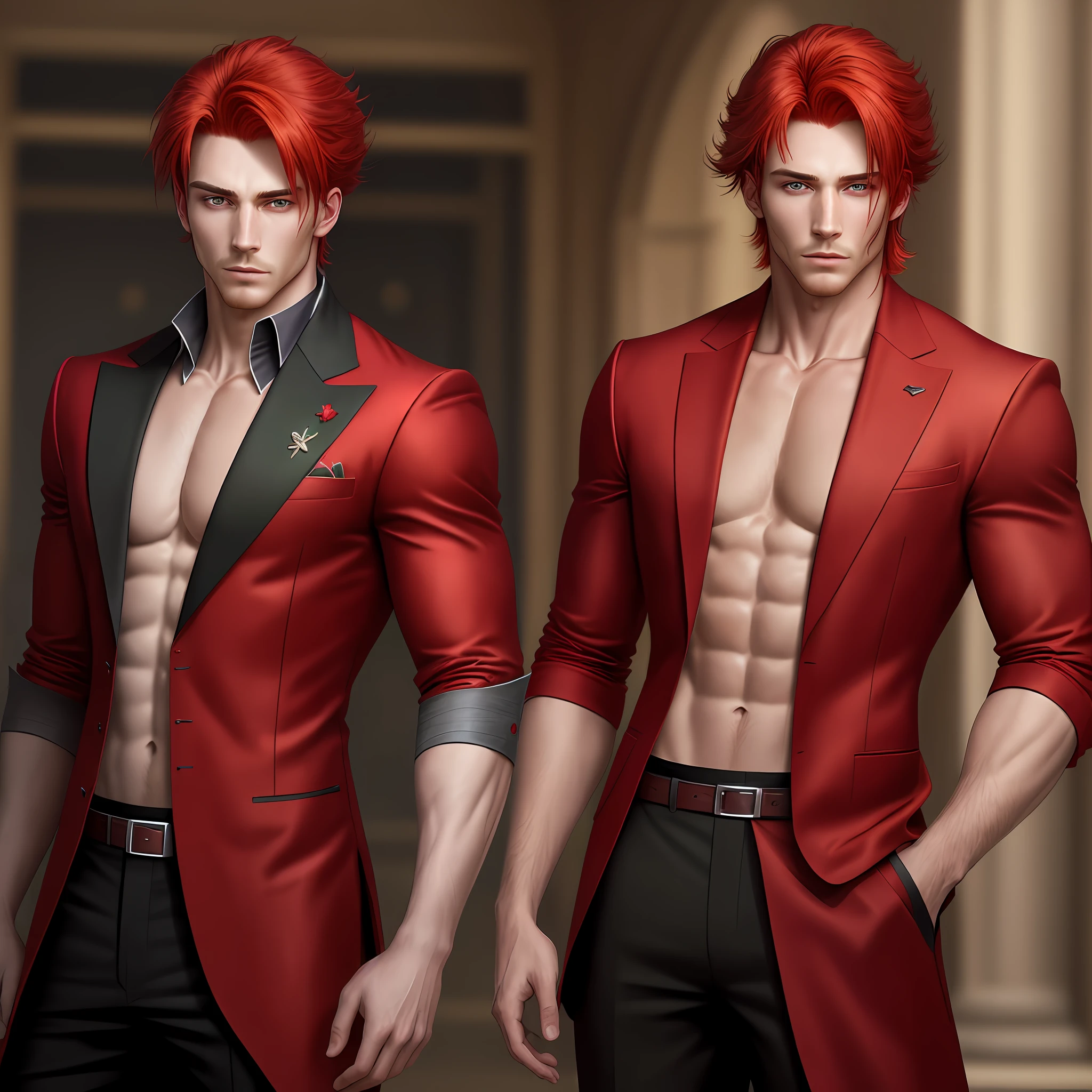 (male:1.2), masterpiece, photorealistic, western, red hair with the left eye of the color green and the right eye of the color red, looking at the viewer, very beautiful body, serious expression, wearing a red suit
