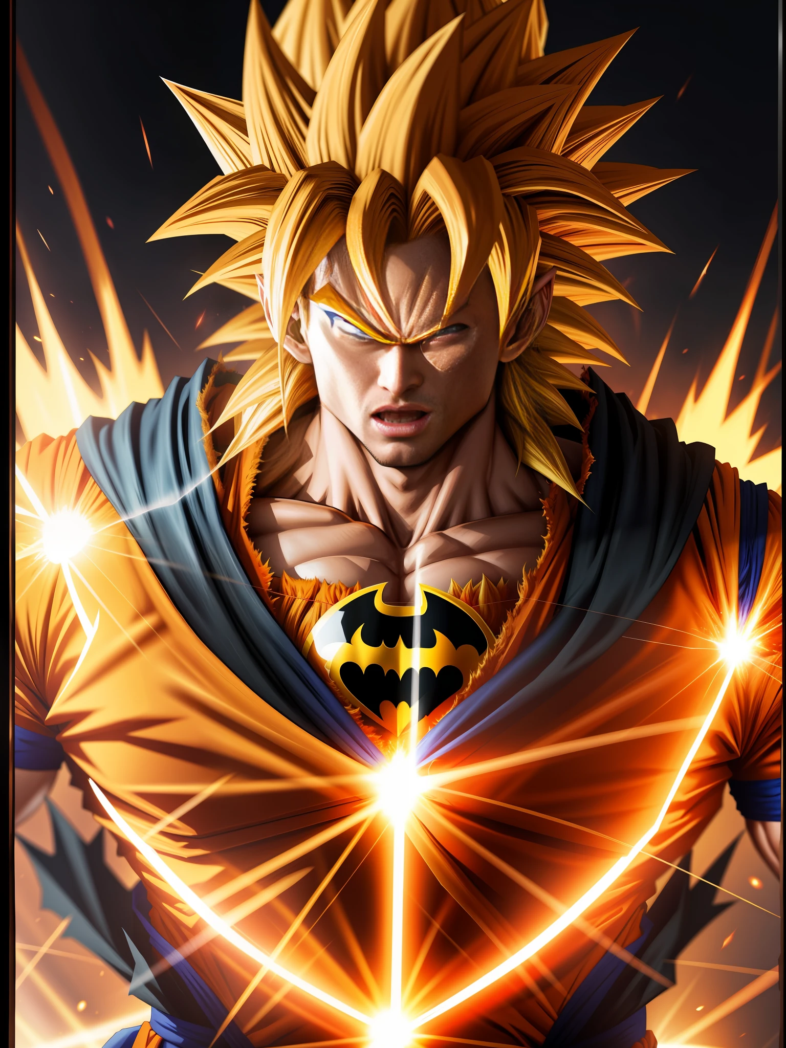 Super Saiyan 2 Goku, with batman costume, magical energy furiously circulating his body, looking at the viewer, furious look, closed mouth, fighting stance, anime, framed, framed, 8k, anatomically correct, masterpiece, 16k, highres, high quality, high quality, high details, UHD