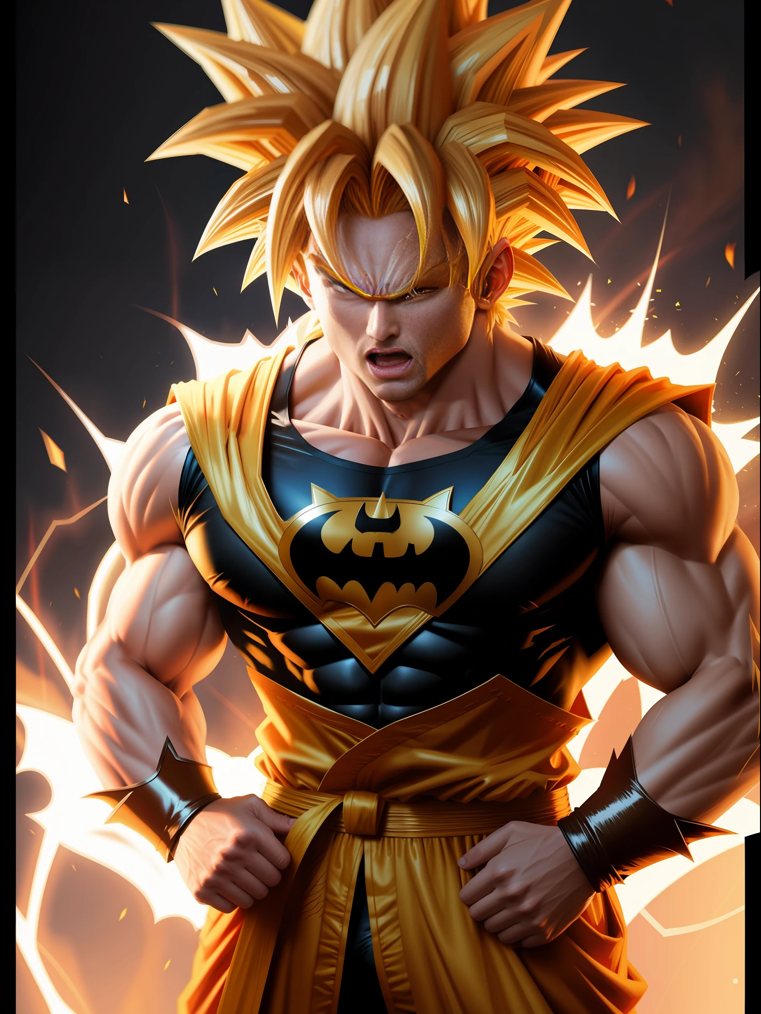 Super Saiyan 2 Goku, with batman costume, magical energy furiously circulating his body, looking at the viewer, furious look, closed mouth, fighting stance, anime, framed, framed, 8k, anatomically correct, masterpiece, 16k, highres, high quality, high quality, high details, UHD