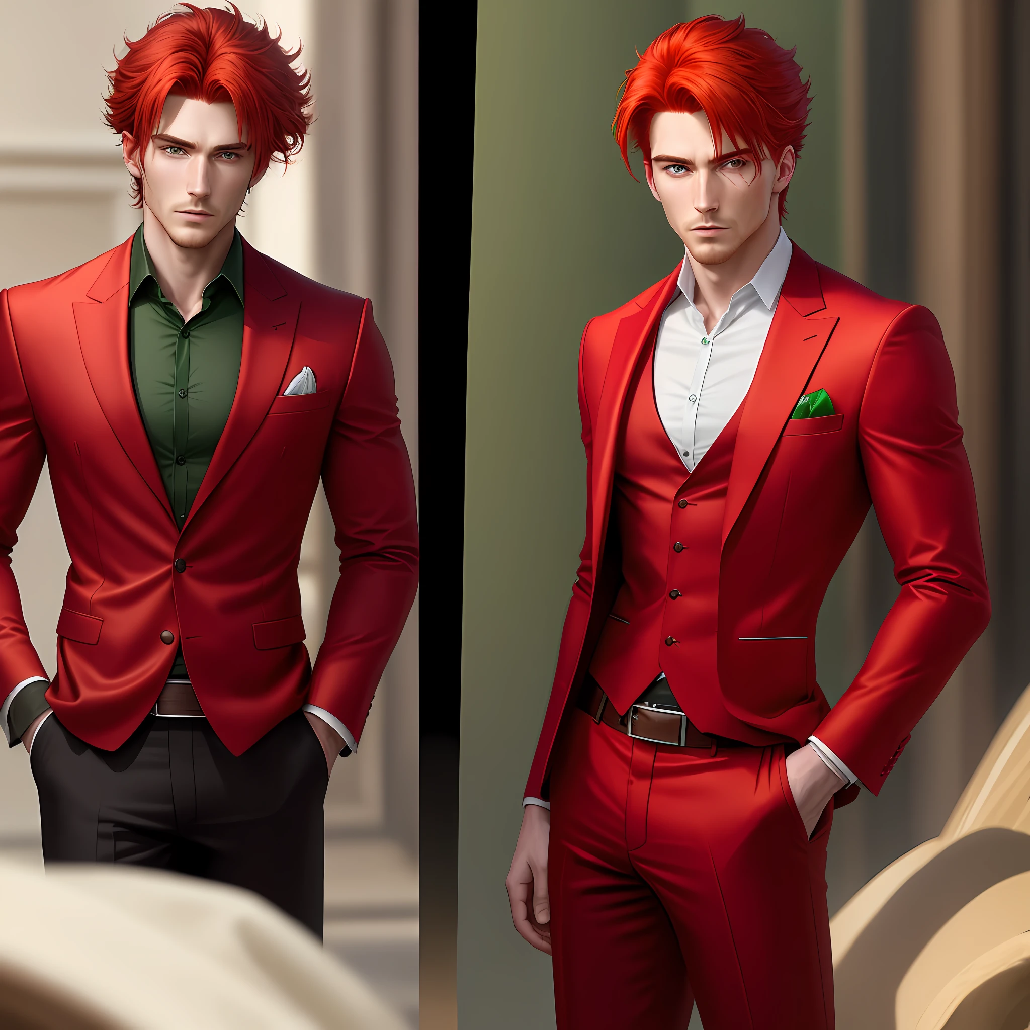 (male:1.2), masterpiece, photorealistic, western, red hair with the left eye of the color green and the right eye of the color red, looking at the viewer, very beautiful body, serious expression, wearing a red suit