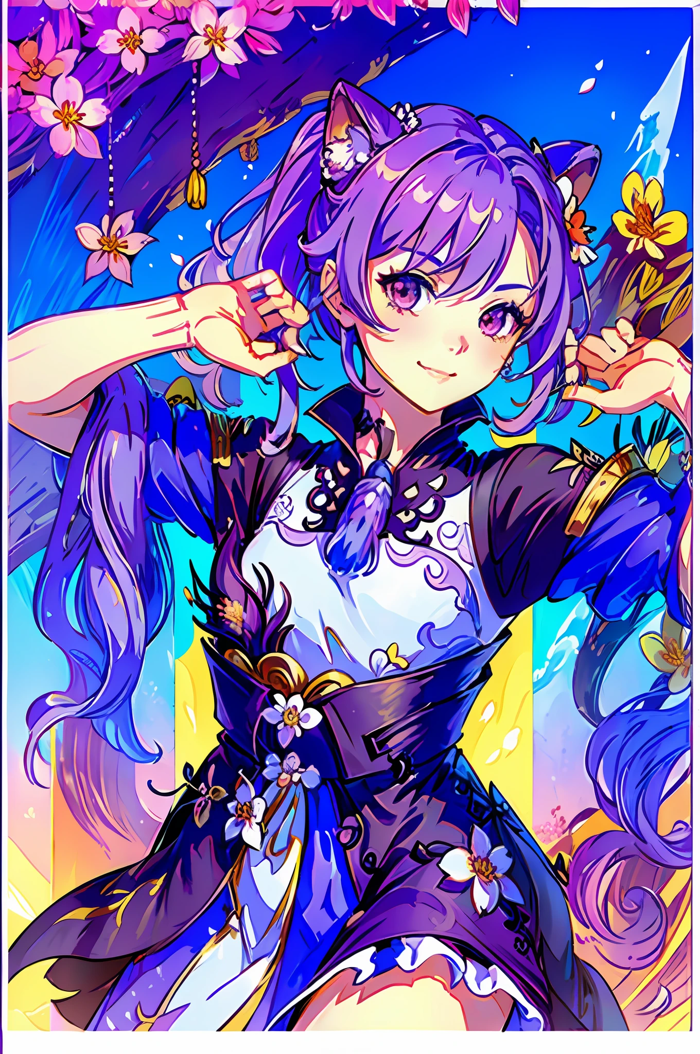 masterpiece, best quality,1girl, (colorful),(finely detailed beautiful eyes and detailed face),cinematic lighting,extremely detailed CG unity 8k wallpaper, (orchid hair), solo,((flying petal)),(Flowery meadow), chinese vibe, sky, cloudy_sky, chinese building, light, fantasy, dripping rain, sweet scent, (scar), fang tooth, (roses), (royal), white dress, no skirt, ((colorful)), ((queen)), (looking at viewers), purple themed, (( purple katana)), chinese kingdom, happiness, (powerful), (electric ambient), tsundere, Liyue, one arm up, wife,(purple flower chinese frame margin), electric sword, ((wry smile)), agile, cat hairstyle, blooming sakura