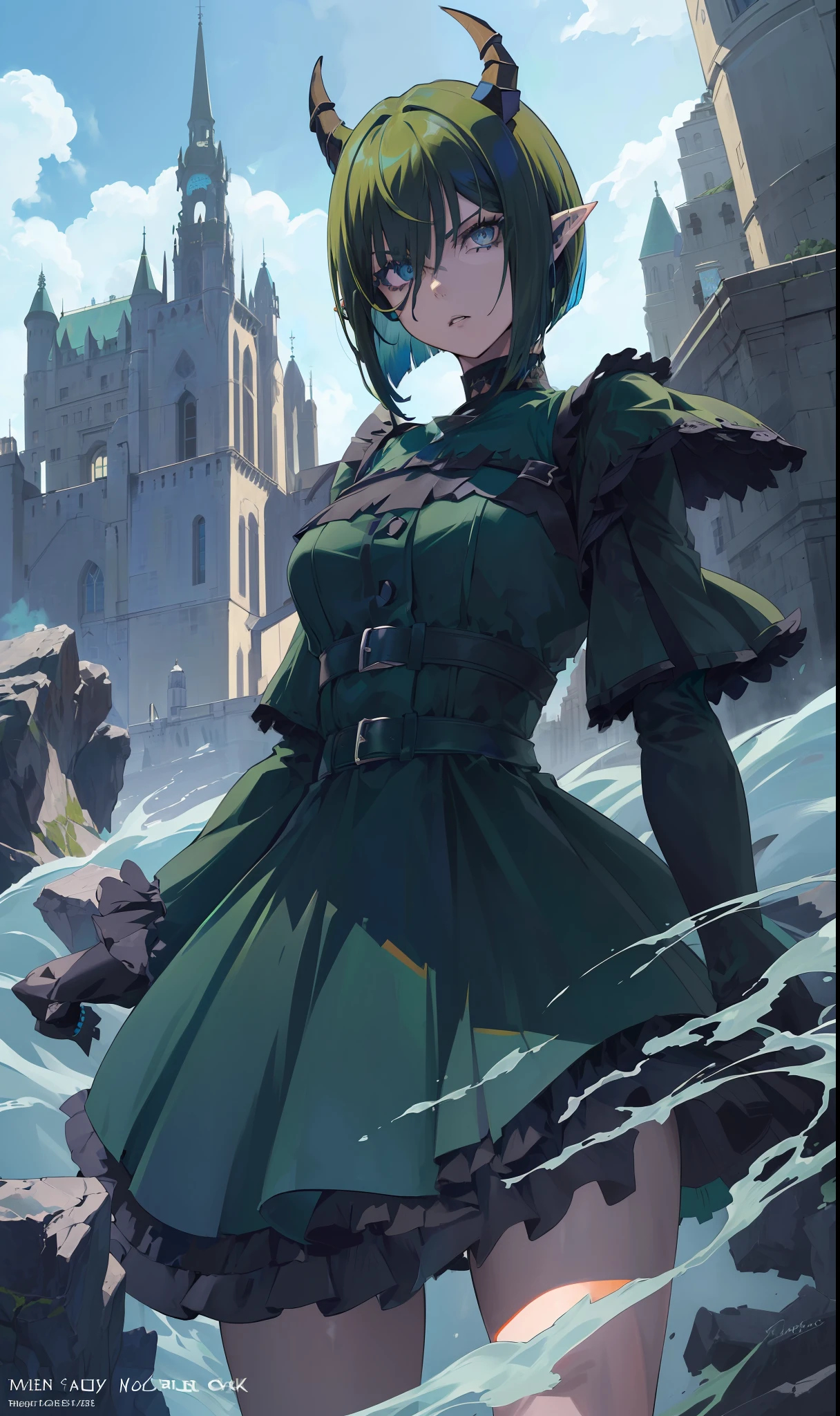 ((highest quality, masterpiece, 4k, finely detailed, detailed eyes, detailed face, gelbooru, pixiv)), warm lighting, ((highest quality, masterpiece, 4k, finely detailed, detailed eyes, detailed face, gelbooru, pixiv)), warm lighting, ((solo)), 1 woman, adult woman, mature woman, wide hips, seductive, ((two demon horns)), ((very sharp eye shape, dark mascara, steel blue eye color)), (((green haircolor, shaggy hair, bob haircut)), looking at viewer, mean expression, ((modern dress, dark black color)), dominant pose, ((pointy ears)), ((modern setting)), standing on top of hill, castle in the background