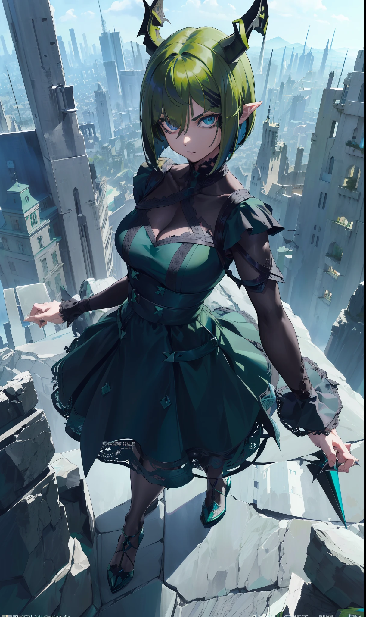 ((highest quality, masterpiece, 4k, finely detailed, detailed eyes, detailed face, gelbooru, pixiv)), warm lighting, ((highest quality, masterpiece, 4k, finely detailed, detailed eyes, detailed face, gelbooru, pixiv)), warm lighting, ((solo)), 1 woman, adult woman, mature woman, wide hips, seductive, ((two demon horns)), ((very sharp eye shape, dark mascara, steel blue eye color)), (((green haircolor, shaggy hair, bob haircut)), looking at viewer, mean expression, ((modern dress, dark black color)), dominant pose, ((pointy ears)), ((modern setting)), standing on top of hill, castle in the background