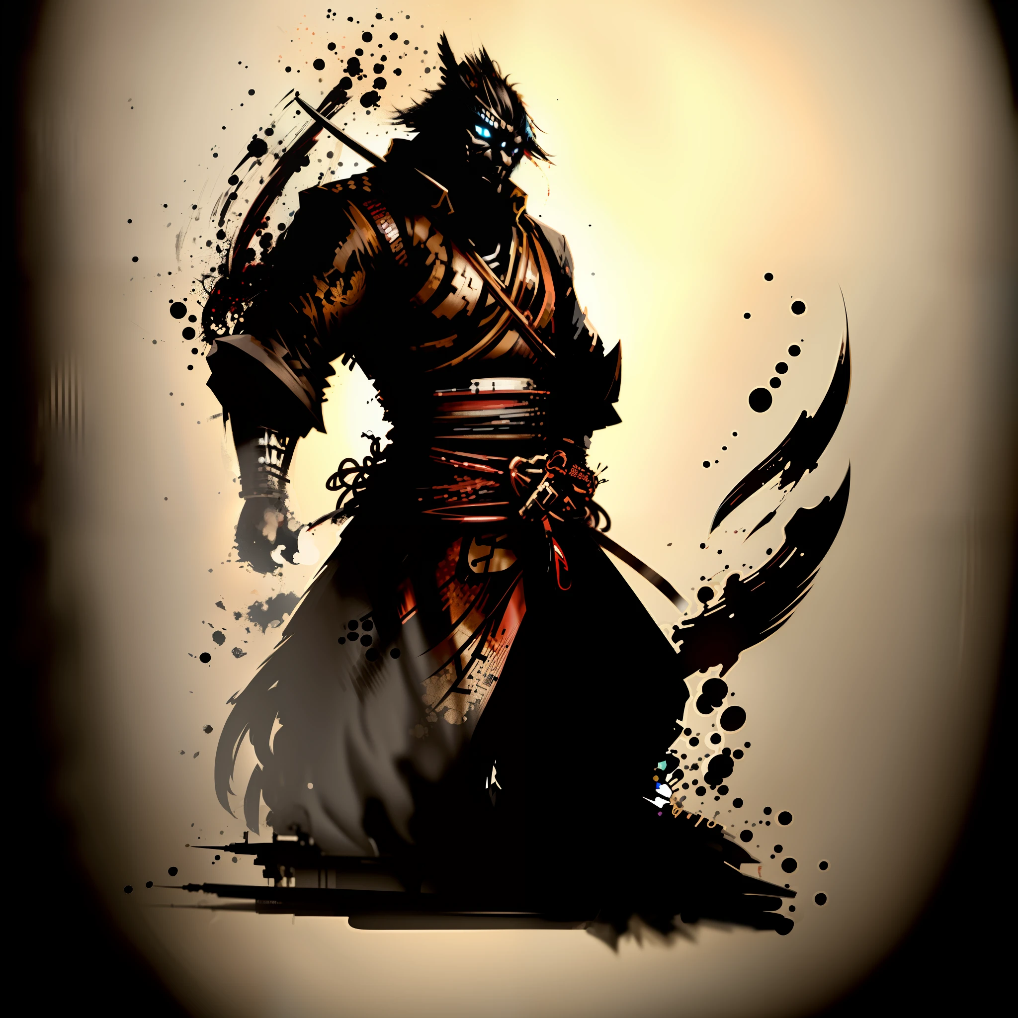 best quality, high resolution, unity 8k wallpaper, (illustration:1.0), shuimo, Samurai, sword, mask,solo,Powerful samurai warrior, bold and interesting design for a t-shirt, central focus on the samurai warrior, traditional armor with meticulous and elaborate details, confident and imposing posture, holding a sharp katana in an attacking position, modern and stylized illustration, contrasting and vibrant colors, dramatic lighting with deep shadows and intense highlights, courage, honor, and skill conveyed through the design, suitable for printing on a t-shirt, Japanese symbols