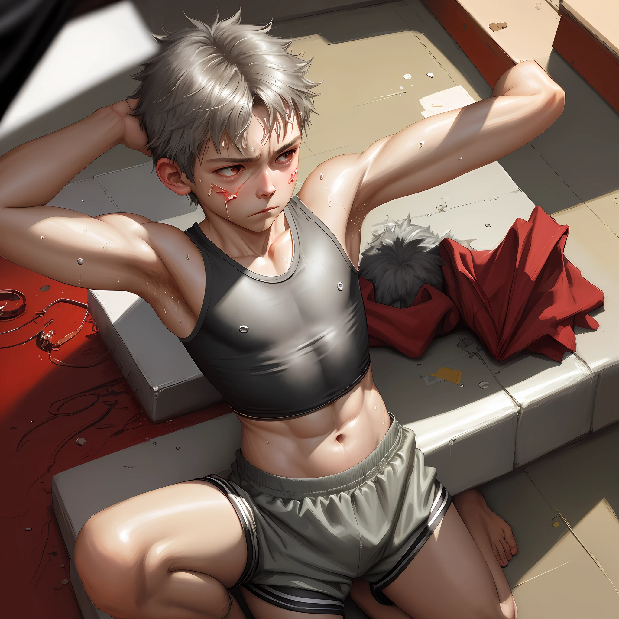 1boy, anthro, solo, frown, silver fur, white skin, rabbit, (pain:1.3), (drooling:1.1), struggling, defeat, (from above:1.1), dominated, arms up, kneeling, male, topwear, thin waist, anthro, (small crop top:1.2), (sweat:1.4), (bind:1.3), thin waist male, big hip , bottomwear pajama shorts, 8k hd, extreme detail, detailed background, red room, by Pino Daeni, (by ruaidri), by virtyalfobo