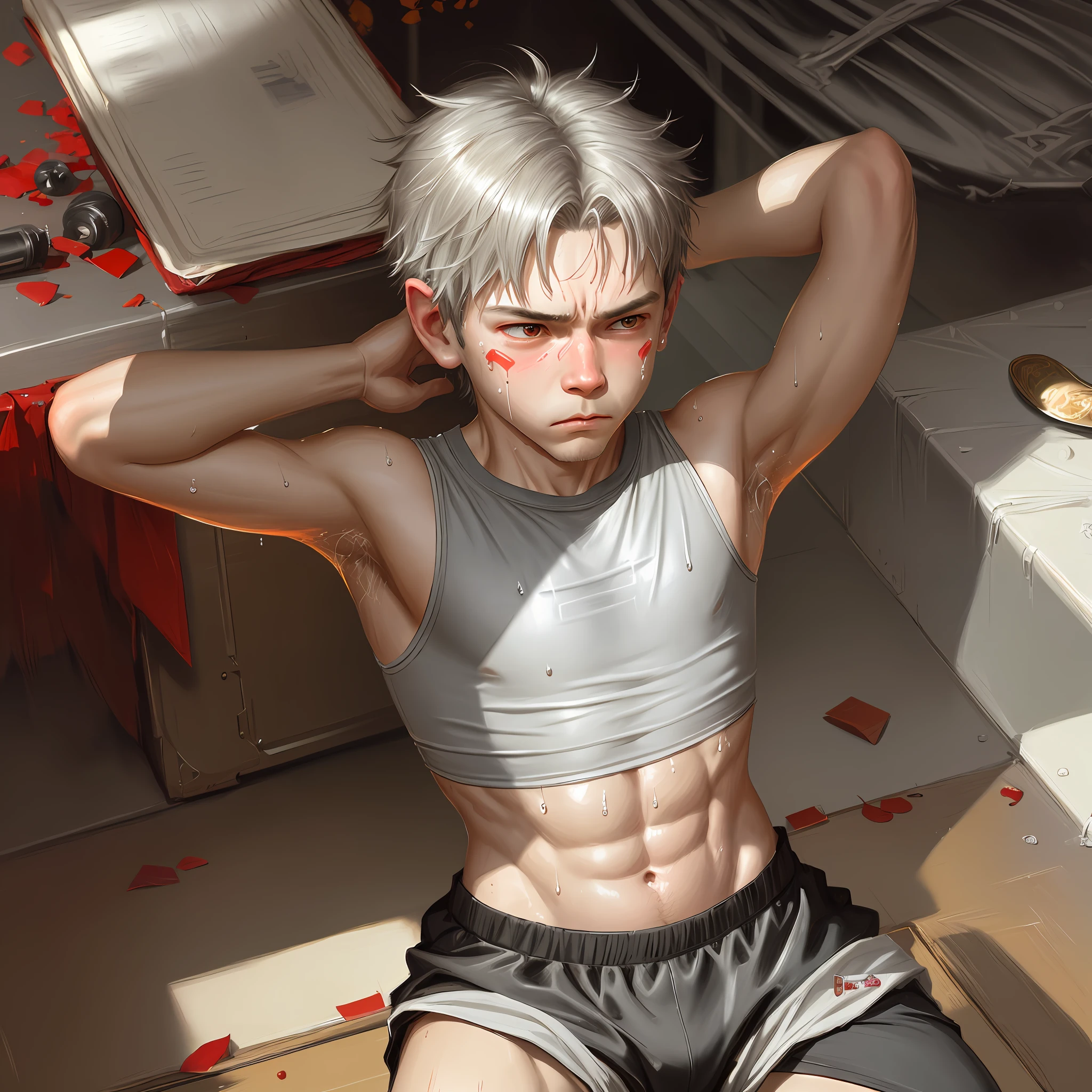 1boy, anthro, solo, frown, silver fur, white skin, rabbit, (pain:1.3), (drooling:1.1), struggling, defeat, (from above:1.1), dominated, arms up, kneeling, male, topwear, thin waist, anthro, (small crop top:1.2), (sweat:1.4), (bind:1.3), thin waist male, big hip , bottomwear pajama shorts, 8k hd, extreme detail, detailed background, red room, by Pino Daeni, (by ruaidri), by virtyalfobo