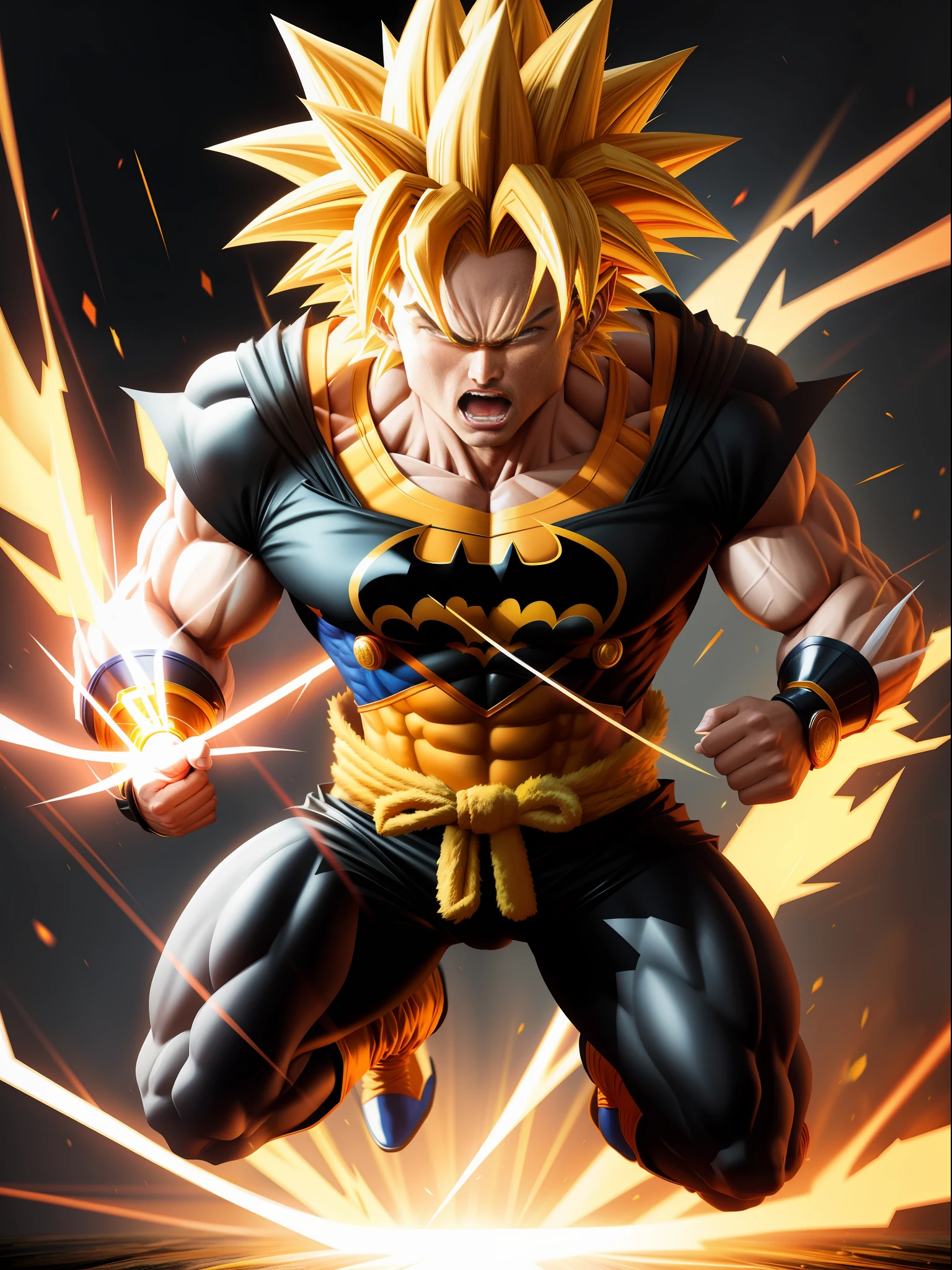 Full body, Super Saiyan 2 Goku, with batman costume, magical energy furiously circulating his body, looking at the viewer, furious look, closed mouth, fighting stance, anime, framed, framed, 8k, anatomically correct, masterpiece, 16k, highres, high quality, high quality, high details, UHD