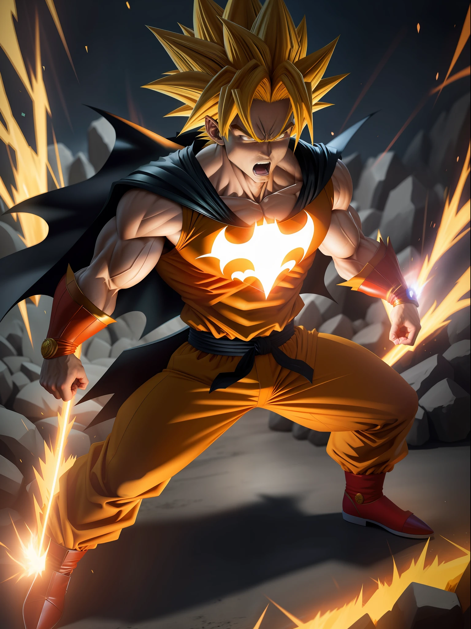 Full body, Super Saiyan 2 Goku, with batman costume, magical energy furiously circulating his body, looking at the viewer, furious look, closed mouth, fighting stance, anime, framed, framed, 8k, anatomically correct, masterpiece, 16k, highres, high quality, high quality, high details, UHD