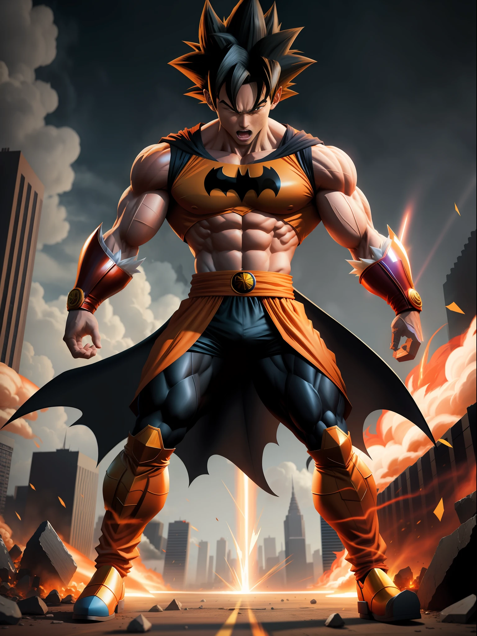 full body, Goku Super Saiyan 3, with batman costume, magical energy furiously circulating his body, looking at the viewer, look of fury, mouth closed, fighting stance, in a completely destroyed city, masterpiece, anime, 8k, anatomy correct,