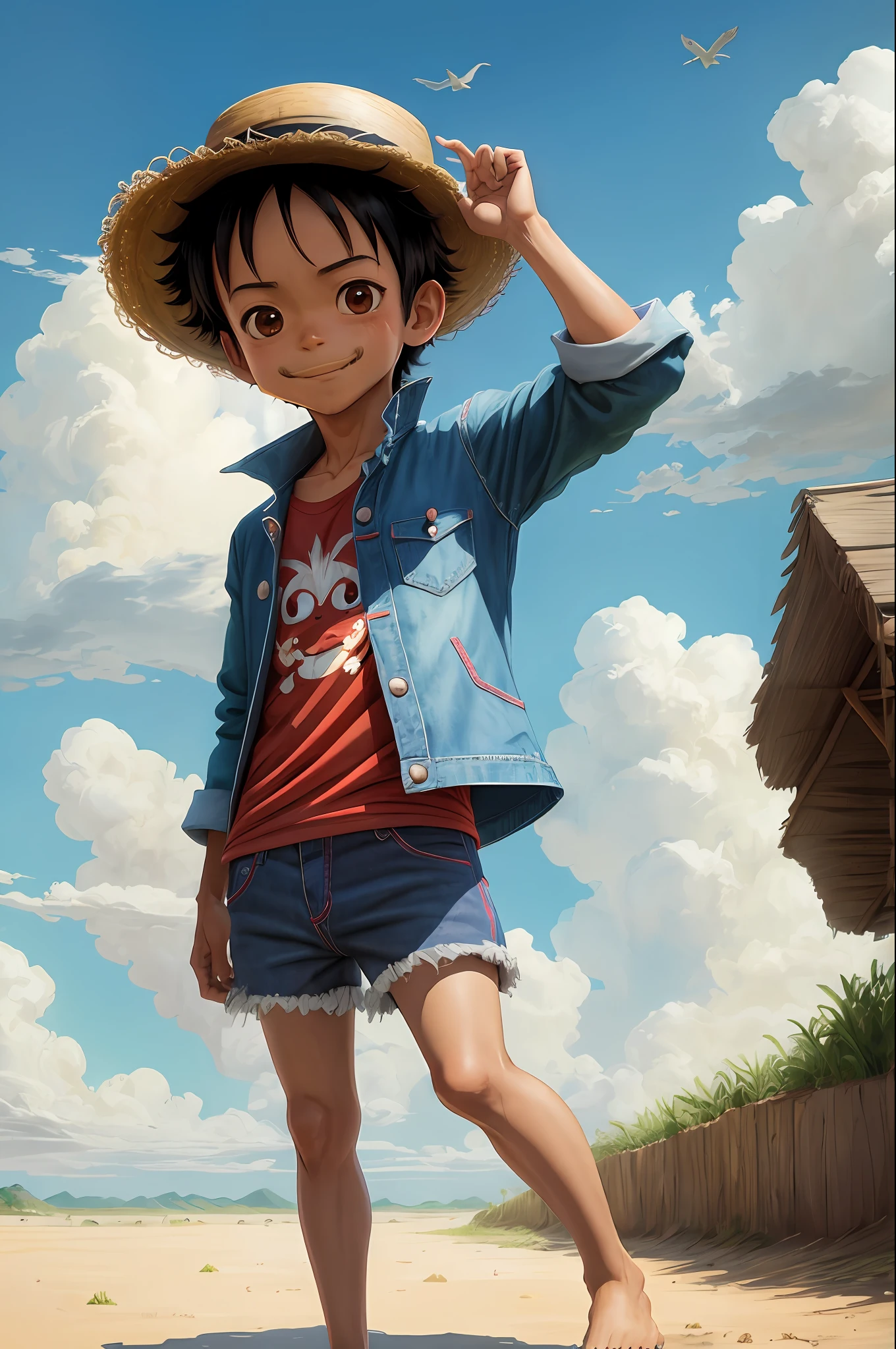chibi monkey D. Luffy, child, black hair, with straw hat, male focus, soil, sky, green eyes, cloud, day, mustache marks, bird, blue sky, male child, open red jacket, blue jean shorts, smiling. Outdoors, upper body, overcast sky
