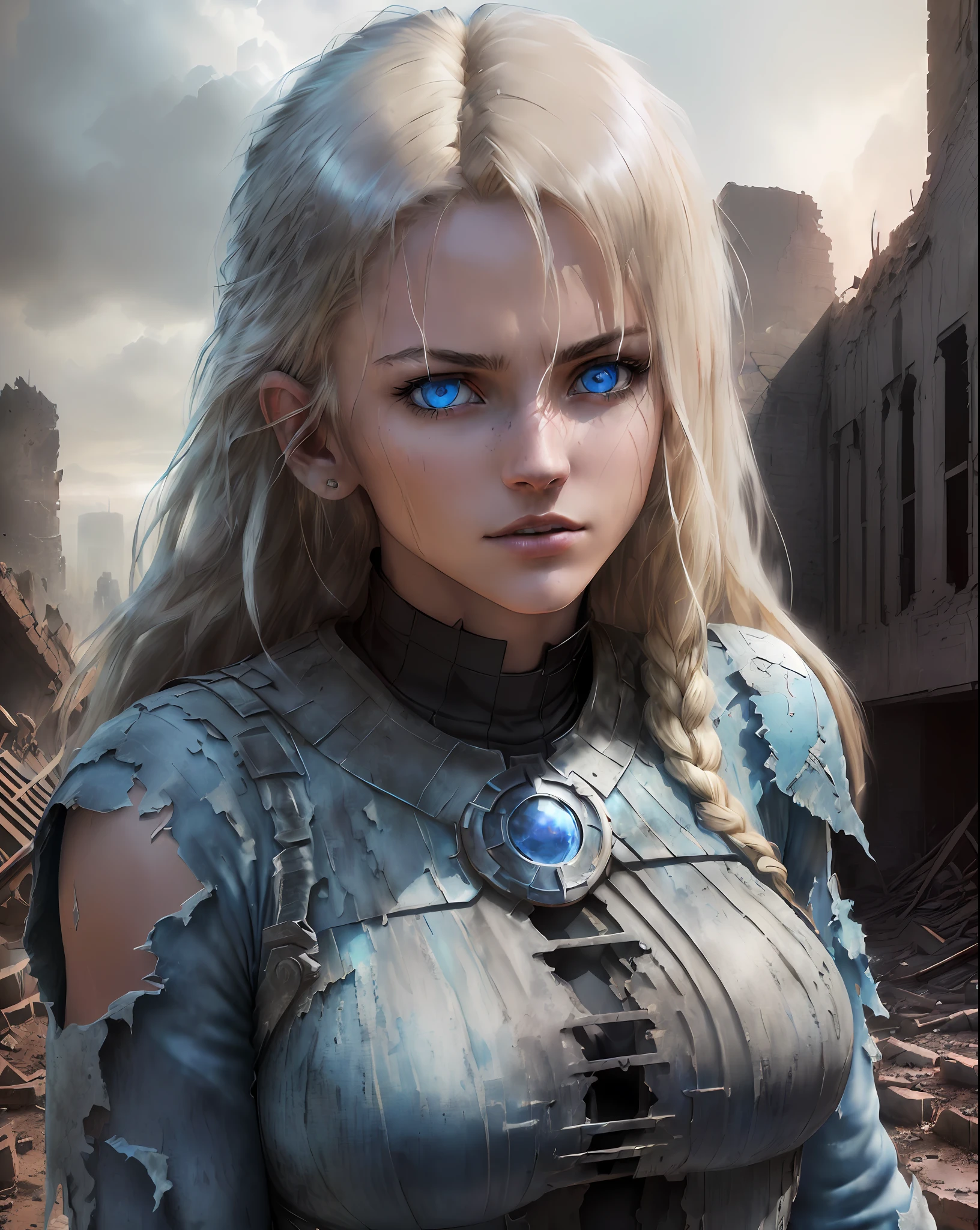 ((arafed woman with a big chest posing, super sexy girl Sayajin 3, bright blue eyes, flowing blonde hair, torn clothes, striking blue eyes, beautiful body, beautiful body and face - shot, body, warm body, big body, beautiful detailed body and face, strong body, musco))), raising dust(dark, hyper-realistic photos (((portrait))), background of post-apocalyptic ruins,(((HDR+)))), 4mm textures,  8k, soft cinematic light, Adobe Lightroom, Photolab, HDR, intricate, elegant, highly detailed, sharp focus, ((((((cinematic appearance)))), soft tones, insane details, intricate details, hyper-detailed, low contrast, soft cinematic light, faint colors, exposure mix, faded, slate atmosphere)