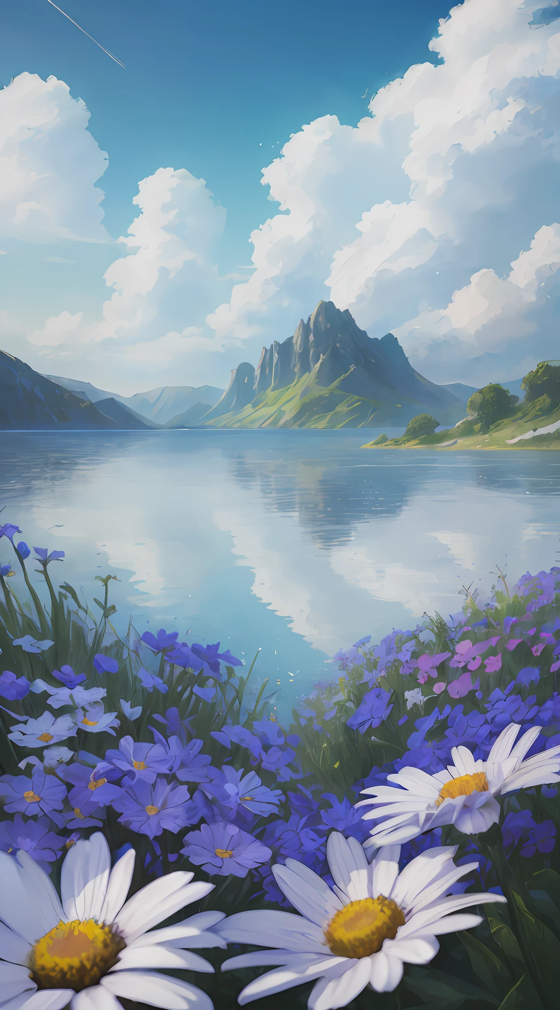 flowers, different colors, summer, blue sky with clouds, high quality, hd, masterpiece, landscape, realistic, water, sparkles, fantasy, dreamy look, flowers close up, best quality, depth of field, wide angle, backround sky, hyper-detail, cinematic, surrealism, soft light, deep field focus bokeh, distant views, ray tracing