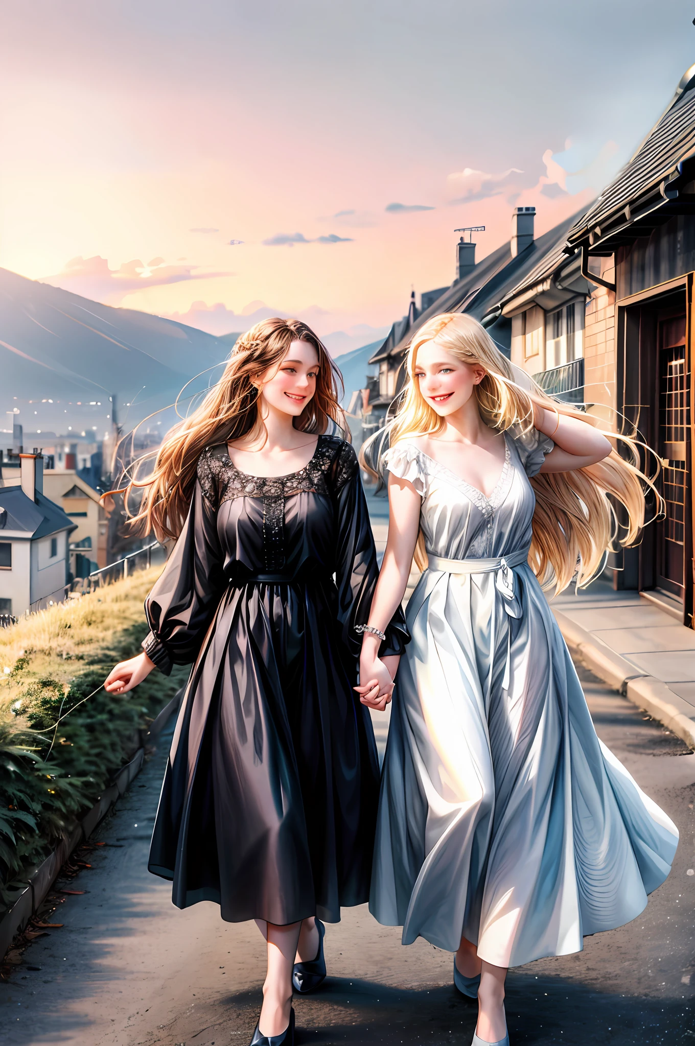 Two girls, lesbian couple, tall, beautiful, both with long hair and smiling happily, both holding hands, in the landscape you can see the houses and shops of the city