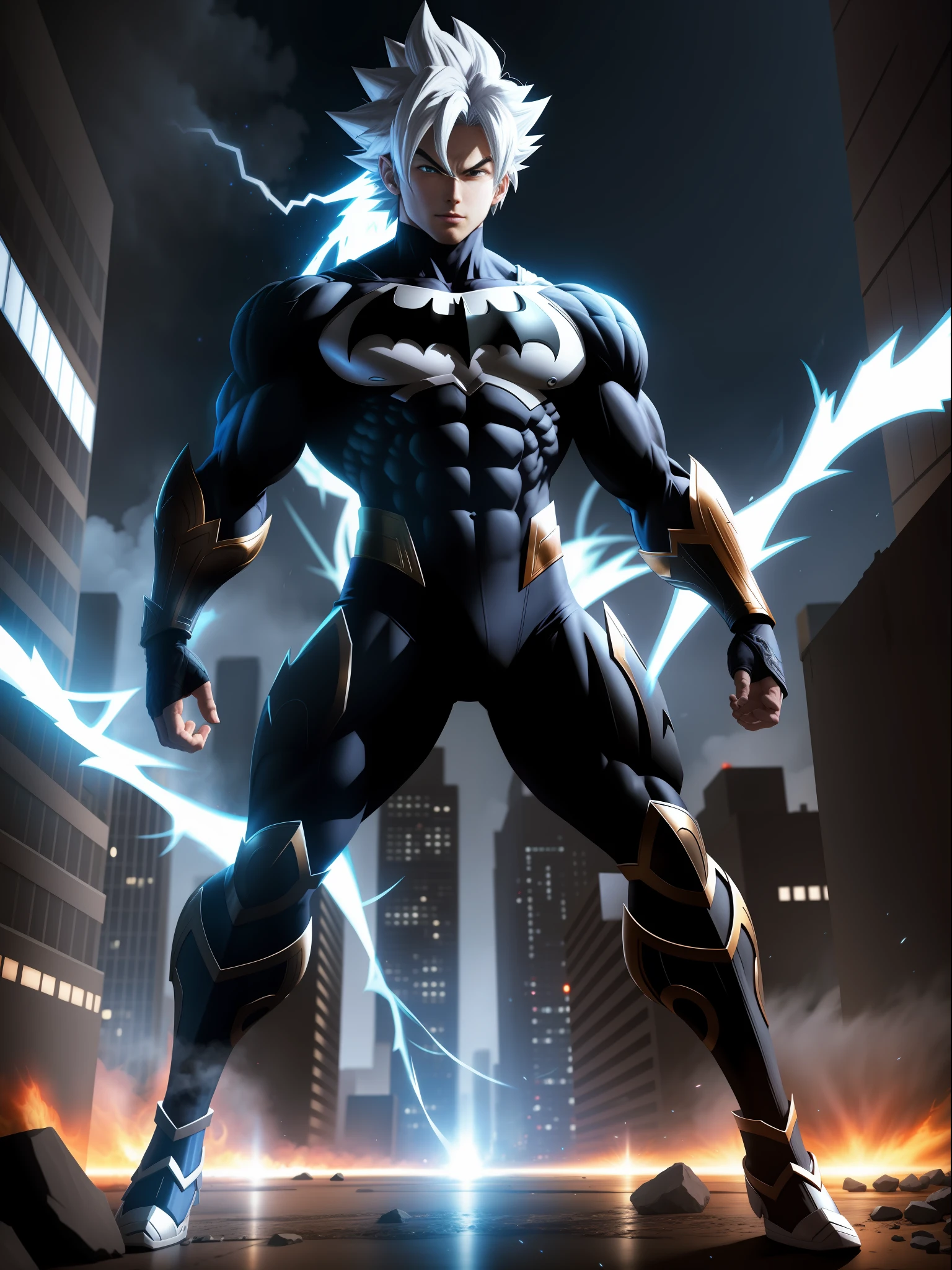 full body, Goku Ultra iInstinct, with batman suit, magical energy furiously circulating his body, luminous white hair, silver eyes, looking at viewer, mouth closed, fighting stance, in a completely destroyed city, masterpiece, anime, 8k , correct anatomy,