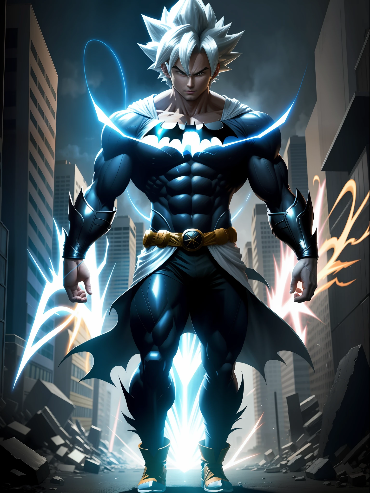 full body, Goku Ultra iInstinct, with batman suit, magical energy furiously circulating his body, luminous white hair, silver eyes, looking at viewer, mouth closed, fighting stance, in a completely destroyed city, masterpiece, anime, 8k , correct anatomy,