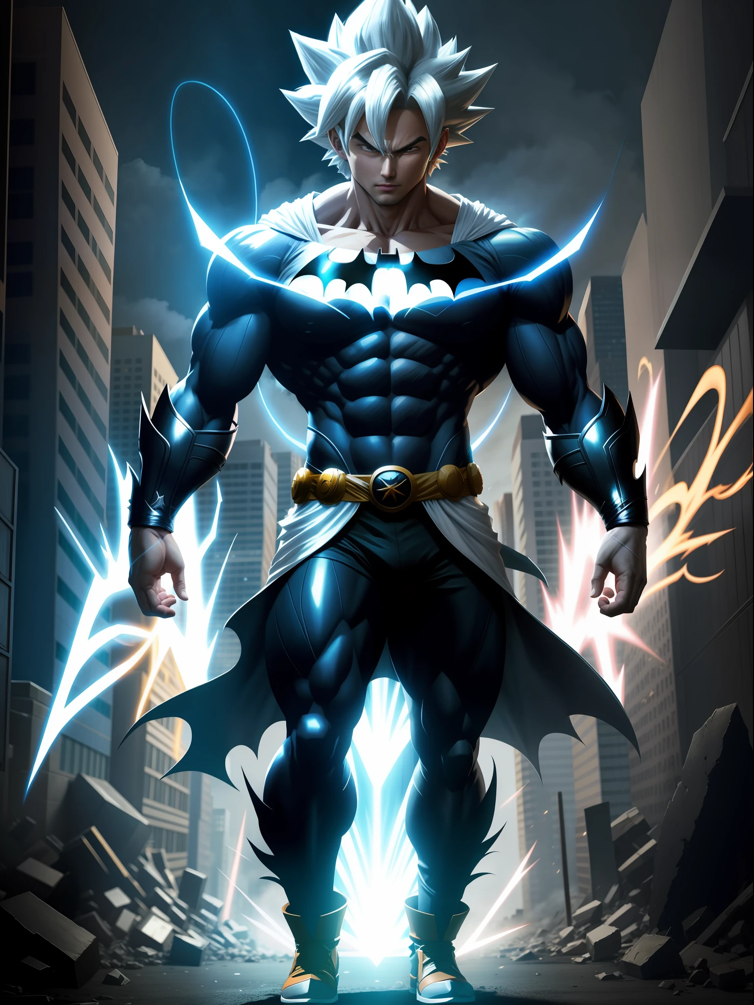 full body, Goku Ultra iInstinct, with batman suit, magical energy furiously circulating his body, luminous white hair, silver eyes, looking at viewer, mouth closed, fighting stance, in a completely destroyed city, masterpiece, anime, 8k , correct anatomy,