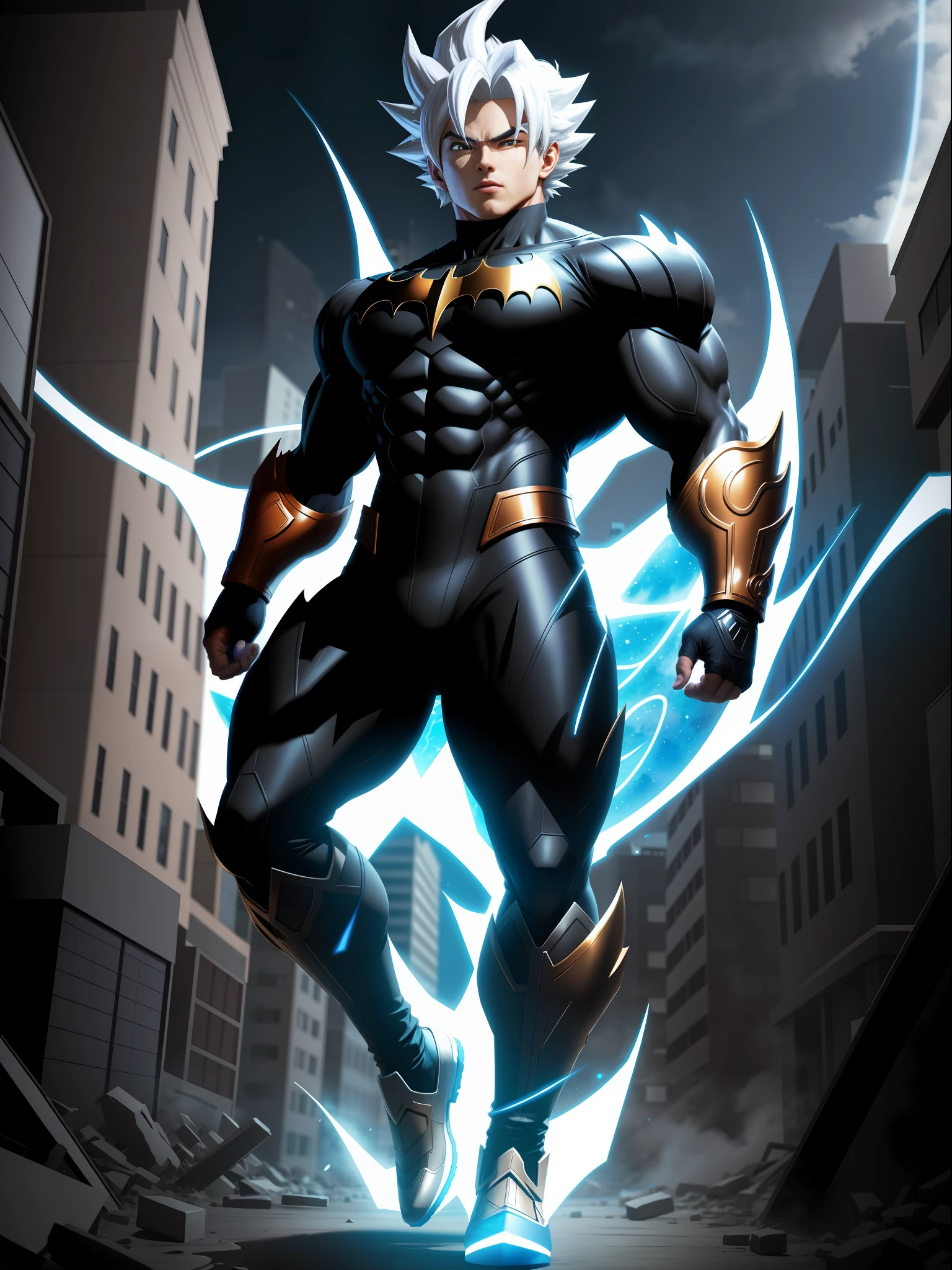 full body, Goku Ultra iInstinct, with batman suit, magical energy furiously circulating his body, luminous white hair, silver eyes, looking at viewer, mouth closed, fighting stance, in a completely destroyed city, masterpiece, anime, 8k , correct anatomy,