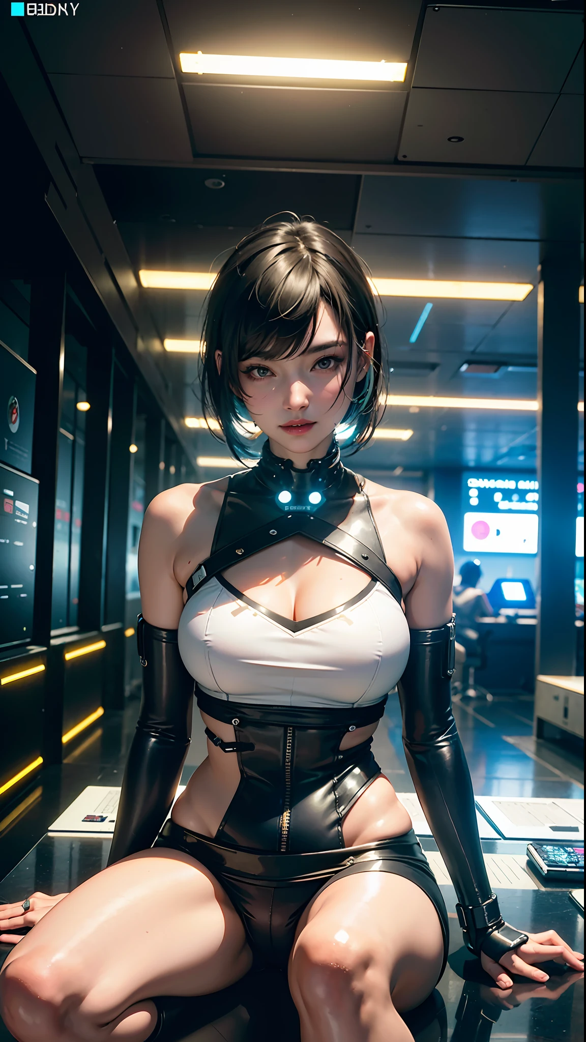 ((Best Quality)), ((Masterpiece)), (High Definition:1.3), 3D, Beautiful (Cyberpunk:1.3) Woman with boyish hair in siyot cut, computer terminal, computer server, LCD screen, fiber optic cable, corporate logo, HDR (high dynamic range), ray tracing, nvidia rtx, super resolution, Unreal 5, Subsurface Scattering, PBR Texturing, Post-Processing, Anisotropic Filtering, Depth of Field, Maximum Clarity and Sharpness, Multilayer Textures, Albedo and Specular Maps, Surface Shading, Accurate Simulation of Light-Material Interactions, Perfect Proportions, Octane Rendering, Two-tone Lighting, Low ISO, White Balance, Rule of Thirds, Wide Aperture, 8K RAW, Efficient Subpixel, Subpixel Convolution, Luminescent Particles, Sexy Smile, Slouching Pose, Lipstick Is Yellow, Piercing Is Big,
