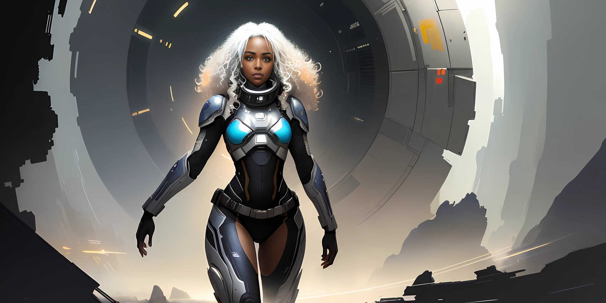 a beautiful black-skinned space pilot with shoulder-length curly white hair, wearing alternate plate suit, shy and seductive, full body, natural dynamic pose, (wearing belt with multiple pockets), walking on a space station, art by luis royo , perfect colors, digital painting, digital illustration, sci-fi art, perfect anatomy, symmetrical face, symmetrical eyes, pretty face, well defined hips, thick leg, centered, almost perfect, dynamic, highly detailed, watercolor painting, station art, concept art, soft, sharp focus, illustration, artwork by Carne Griffiths and Wadim Kashin, unique, award-winning, masterpiece, dramatic light