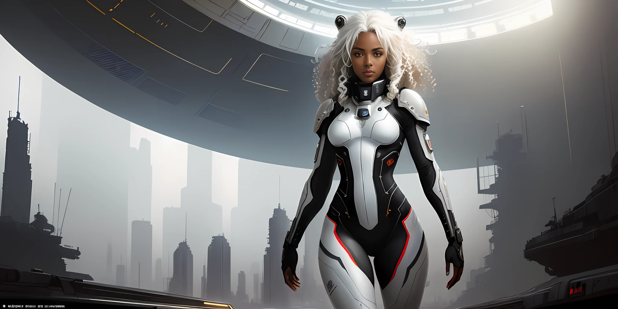 a beautiful black-skinned space pilot with shoulder-length curly white hair, wearing alternate plate suit, shy and seductive, full body, natural dynamic pose, (wearing belt with multiple pockets), walking on a space station, art by luis royo , perfect colors, digital painting, digital illustration, sci-fi art, perfect anatomy, symmetrical face, symmetrical eyes, pretty face, well defined hips, thick leg, centered, almost perfect, dynamic, highly detailed, watercolor painting, station art, concept art, soft, sharp focus, illustration, artwork by Carne Griffiths and Wadim Kashin, unique, award-winning, masterpiece, dramatic light